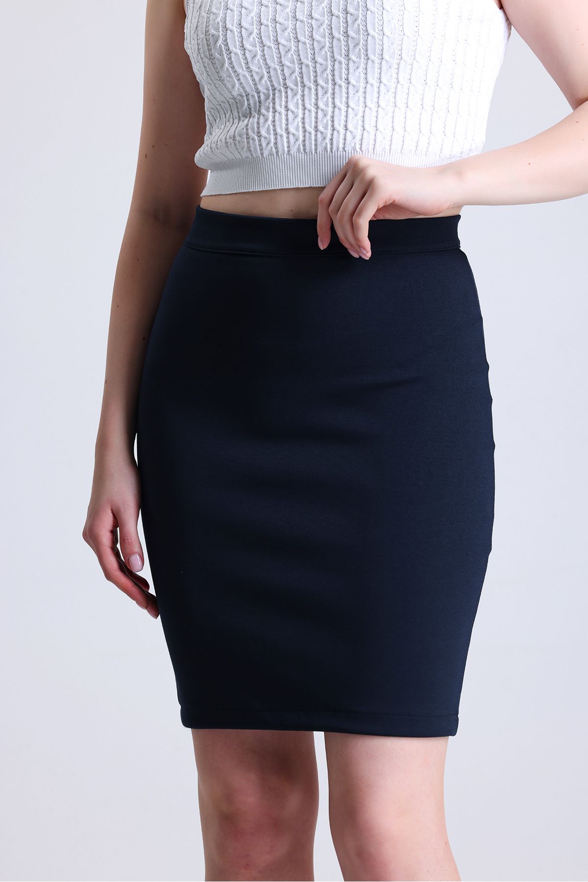 Elia Moda Navy Blue Knitted Pencil Skirt with Back Slit Trendyol