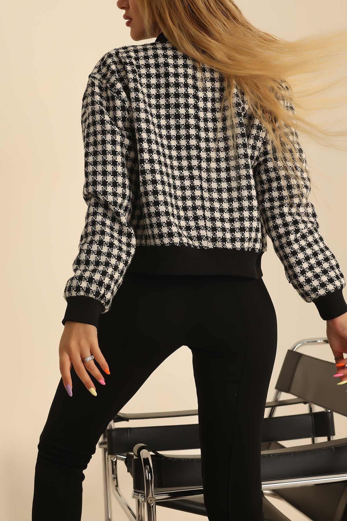Girl Power Women s Houndstooth Patterned Black and White Bomber Jacket Trendyol