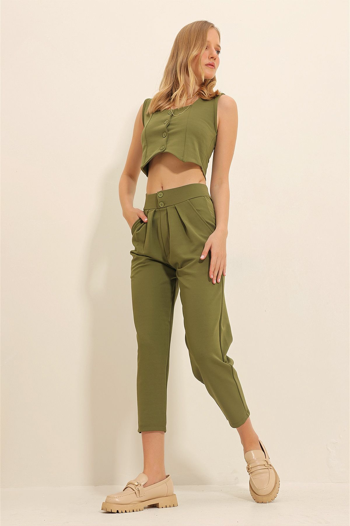 Khaki green high waisted trousers new arrivals