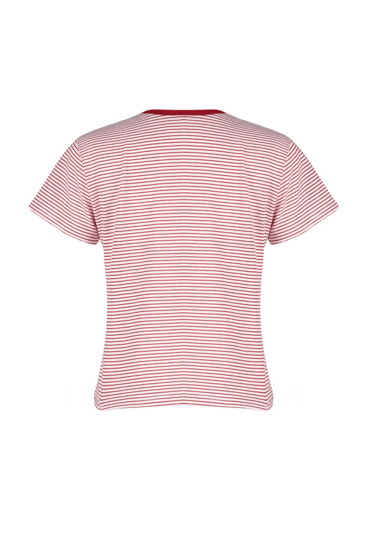 Trendyol Collection-Červené Ecru pruhované Premium Basic Regular/Normal Fit Pletené tričko Crew Neck TWOSS23TS00043 8