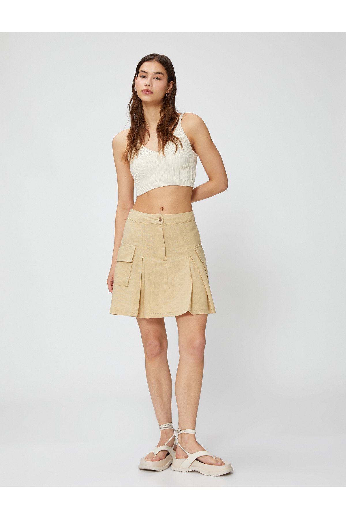 باربری دامن کتانی ترکیبی جیب کوچک پلیسه دار