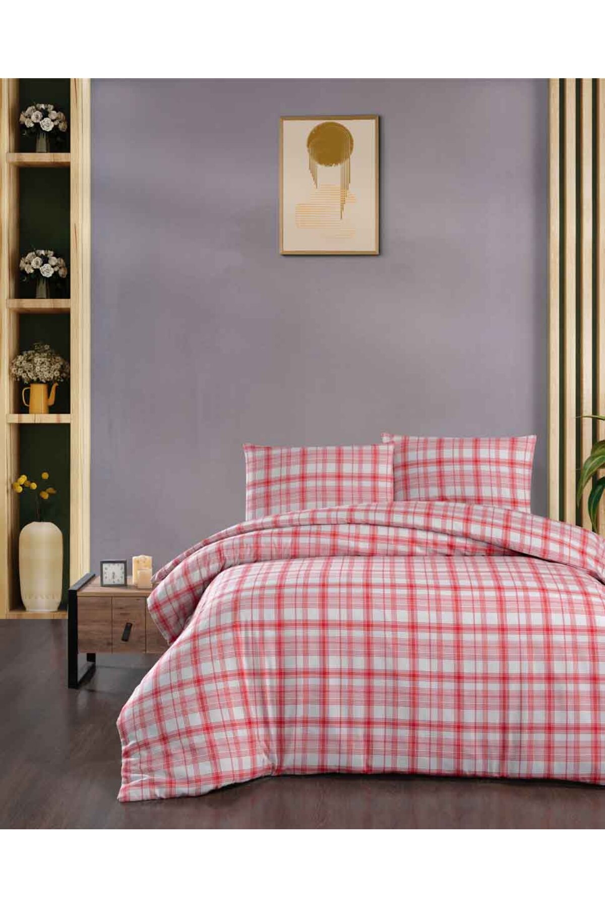 Cotton Collection Flannel R Double Duvet Cover Set Plaid Red