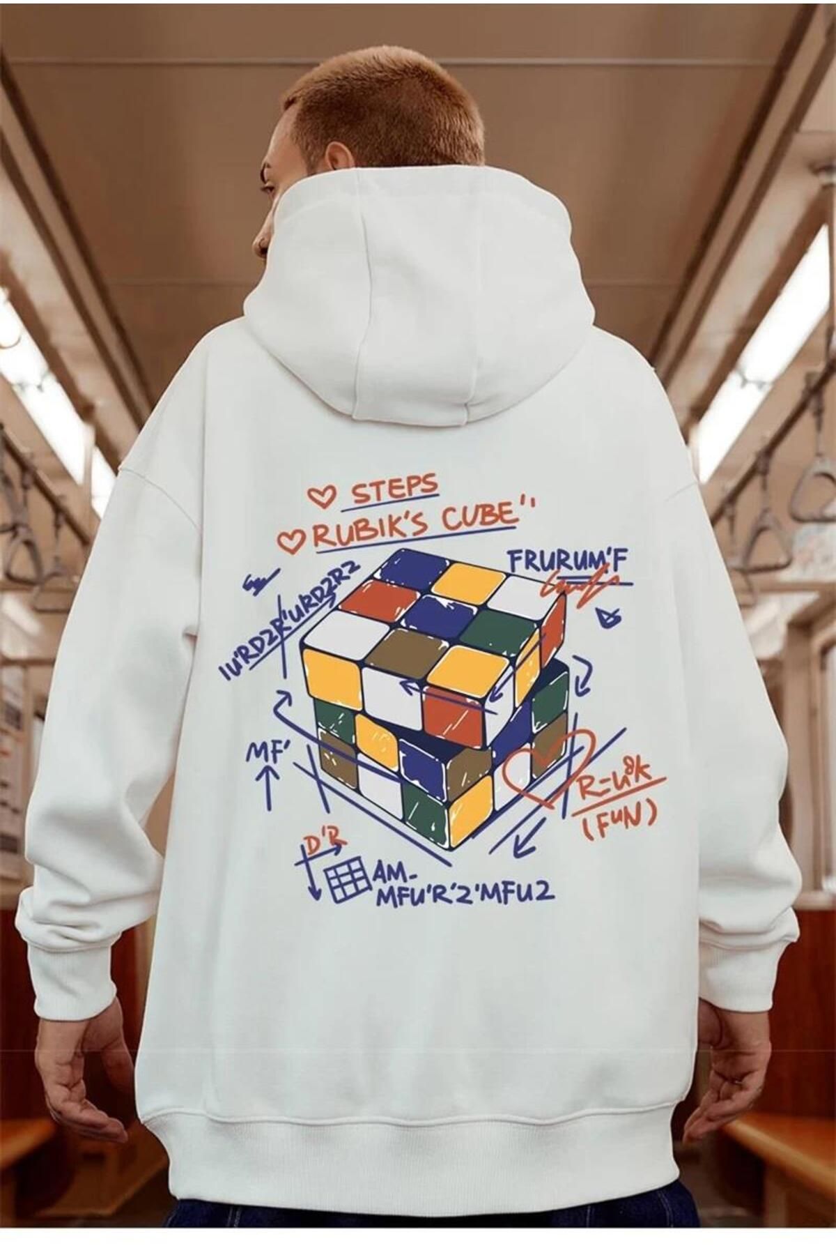 The Champs Street Wear Rubik s Cube Printed Oversize Unisex Ecru Hooded Hoodie Sweatshirt