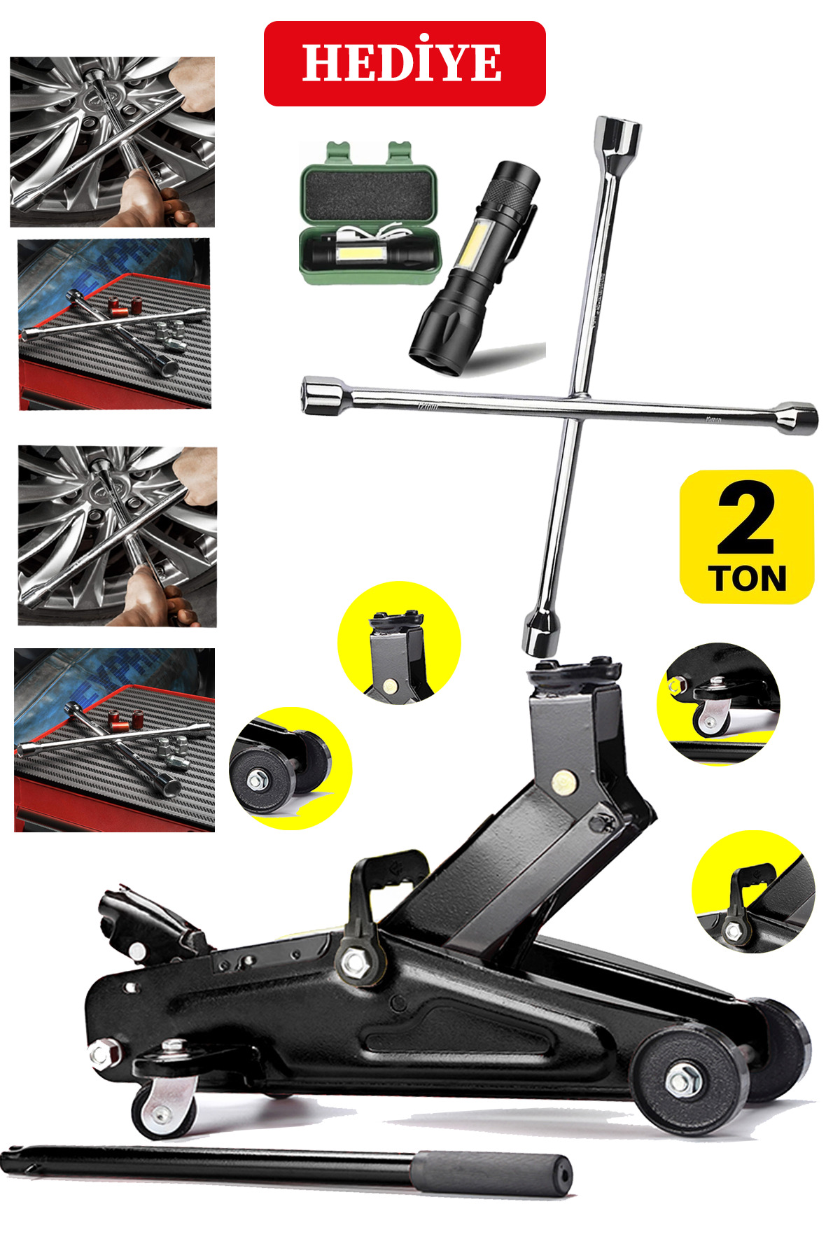 STAXX POWER 2 TON Kapasiteli Tekerlekli Araba Krikosu Hidrolik Kriko + 4'lü Çelik Bijon Seti El Feneri Hediyeli