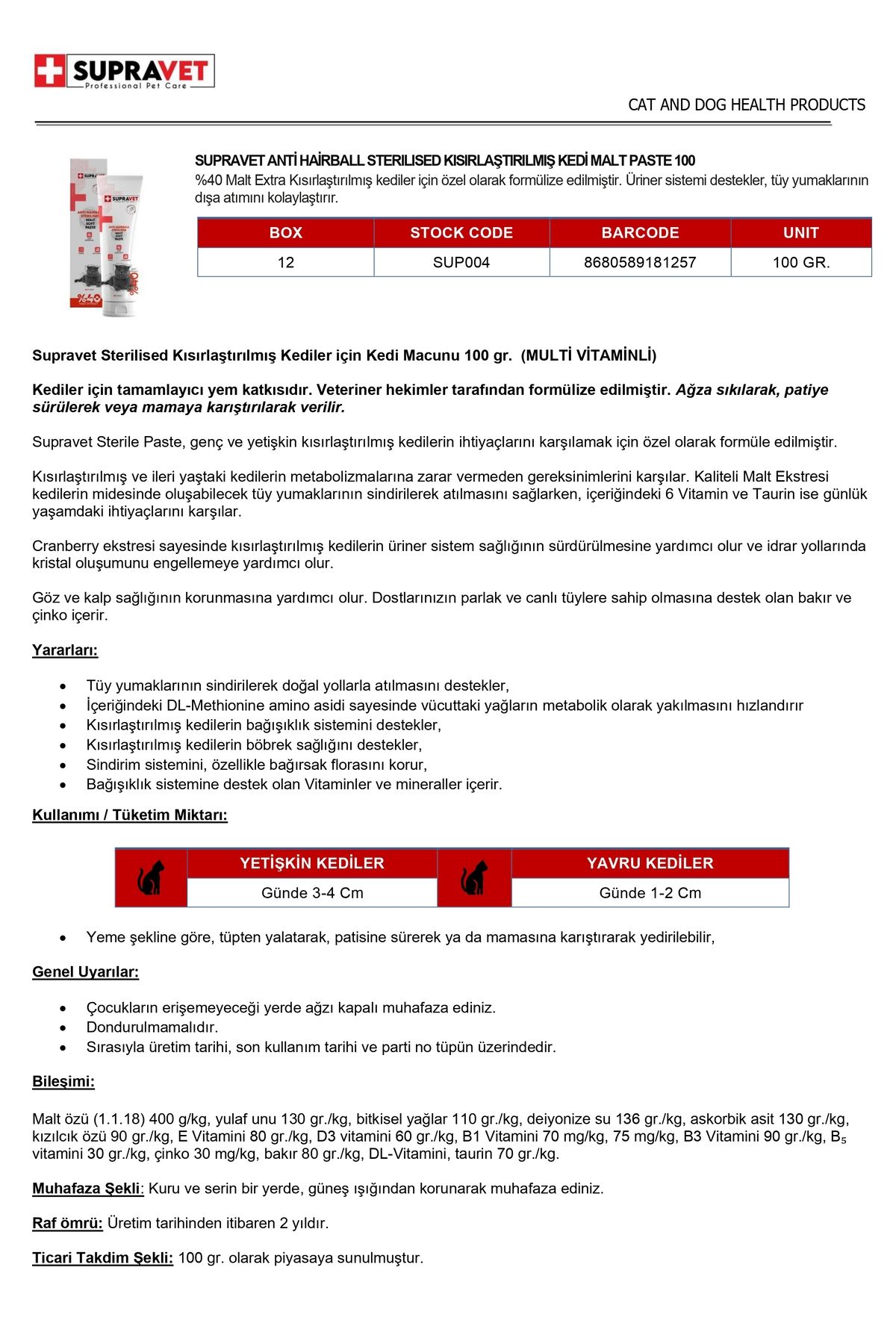 Supravet Sterilised Kısırlaştırılmış Kediler Için Malt Macun 100 Gr ( Multi Vitamin)