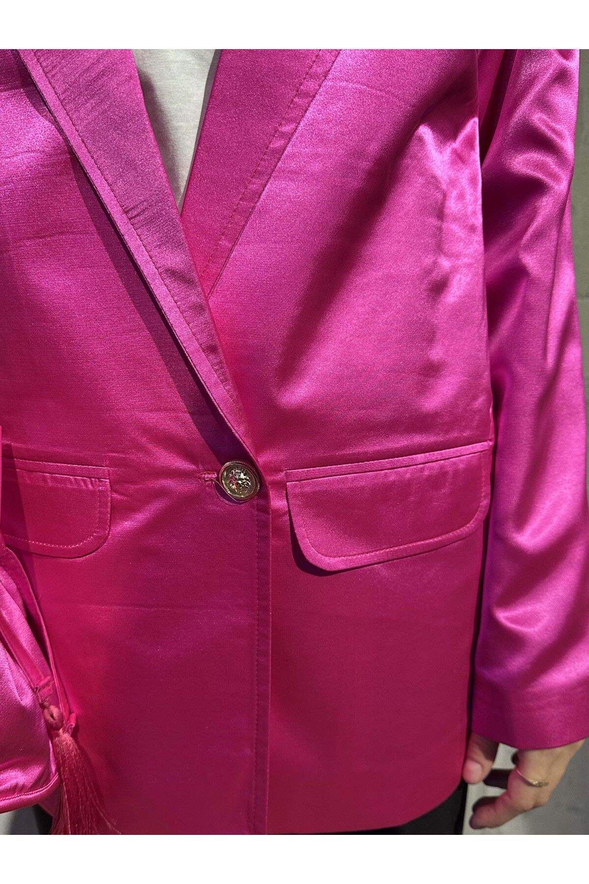 Hot pink satin blazer top