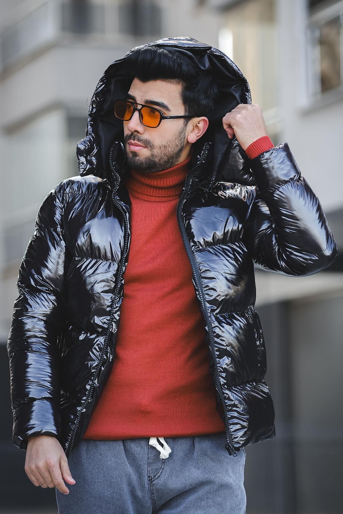 Oksit Jair Extra Shiny Water Resistant Double Collar Hooded Men s Puffer Coat