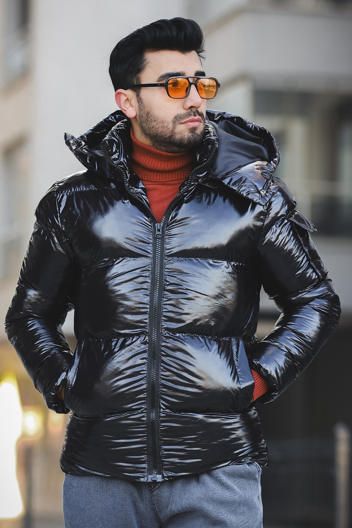 Mens shiny puffer sale jacket with fur hood