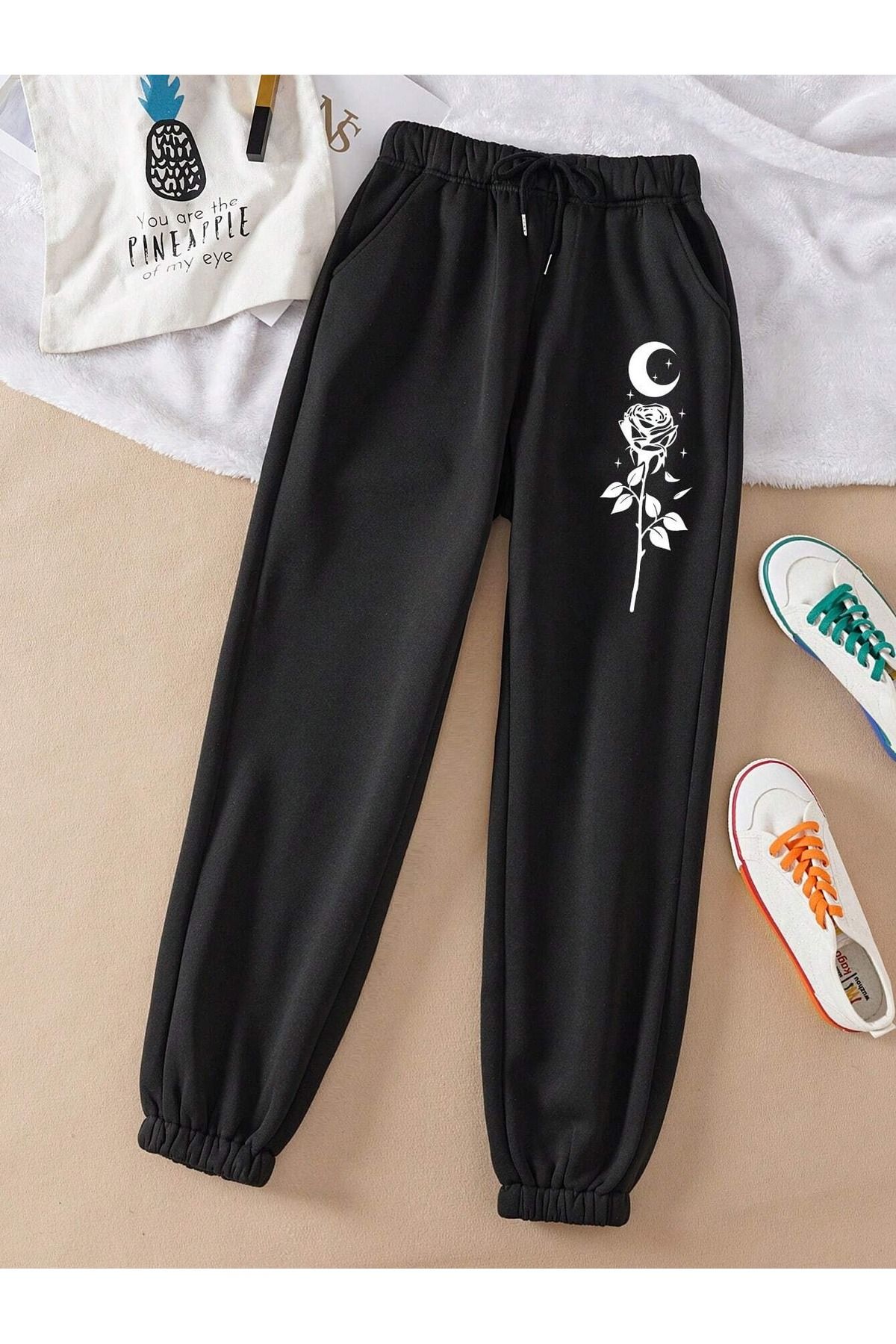 Boi Moon Rose Sweatpants Jogger Black Printed High Waist Elastic Leg Trendyol