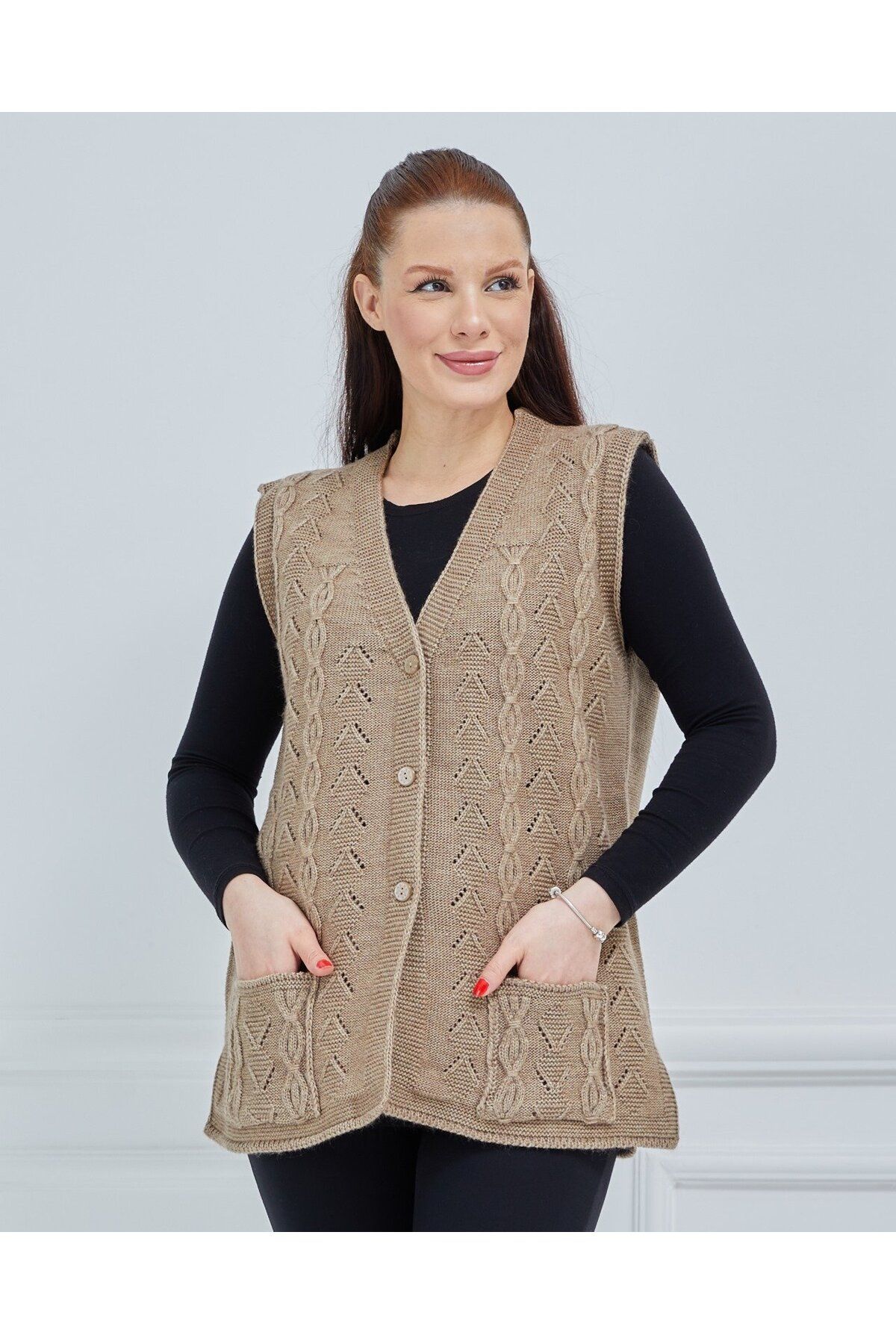 Fresh&Moda-Vestă tricotată de buzunar din lână cu lanț cu decolteu în V pentru femei 2