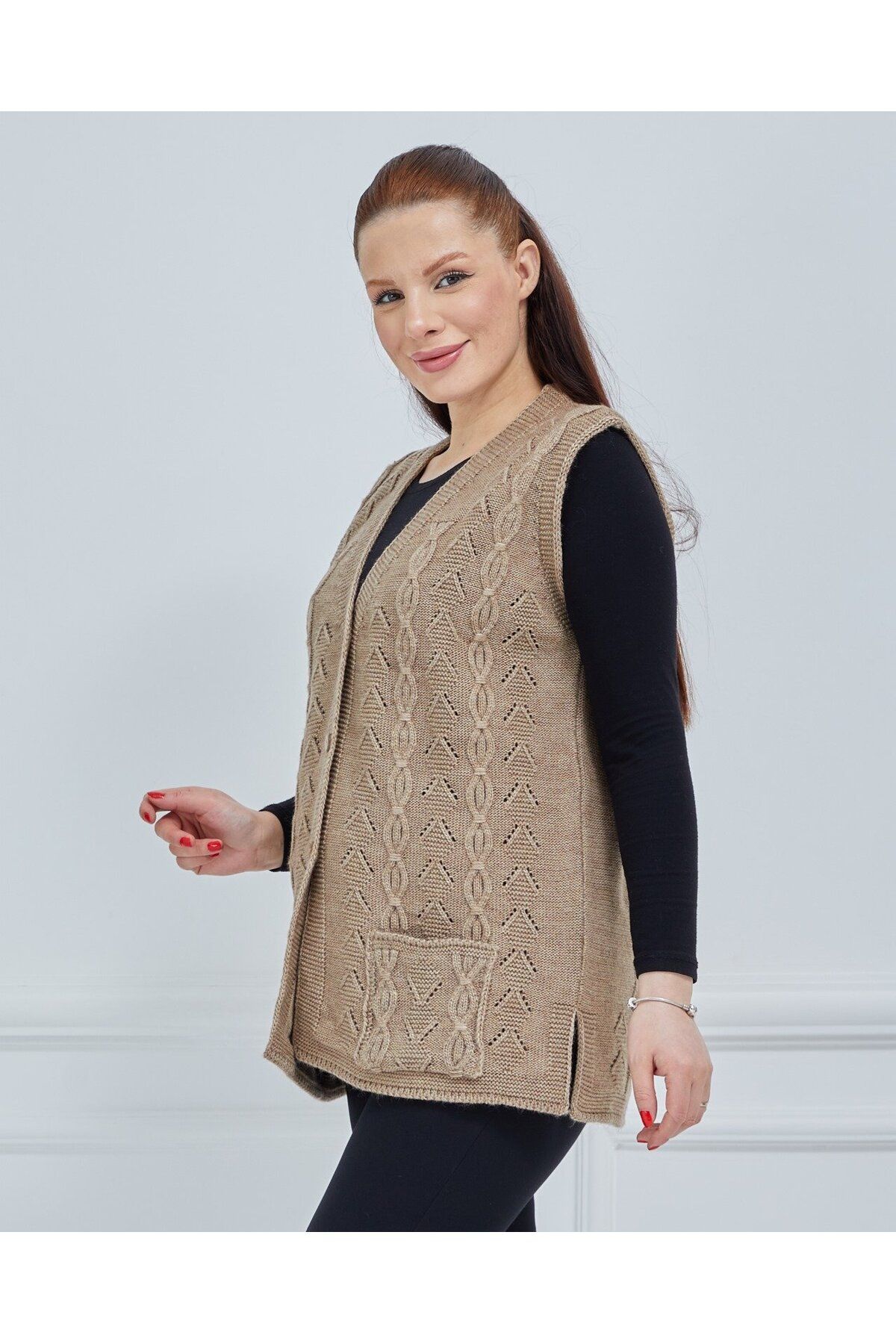Fresh&Moda-Vestă tricotată de buzunar din lână cu lanț cu decolteu în V pentru femei 4