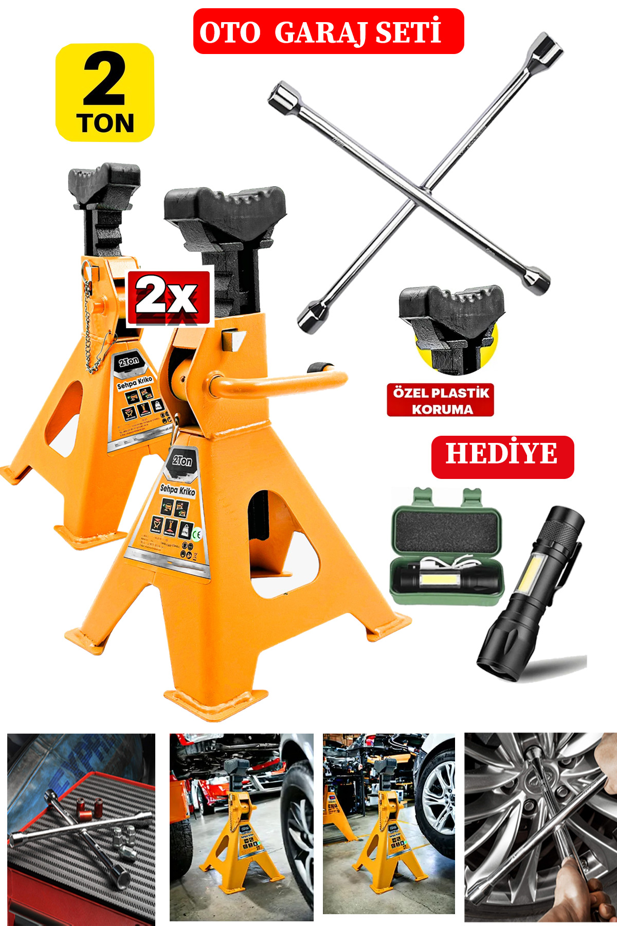 STAXX POWER 2Ton Kapasiteli 4 Ayaklı x2Adet Set Sehpa Kriko Standı + Bijon Seti El Feneri Hediye Garaj Usta Set