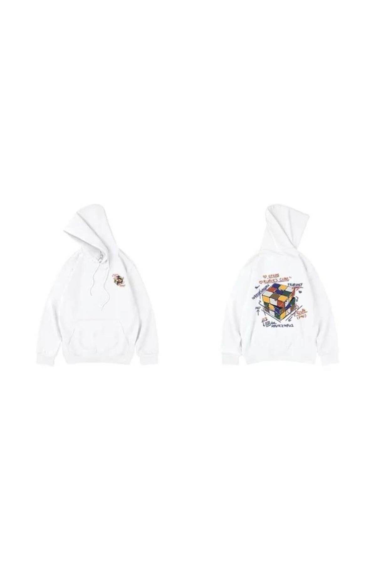 Touz Moda-Rubik's Cube Printed Oversize Unisex Ecru Hooded Sweatshirt 2
