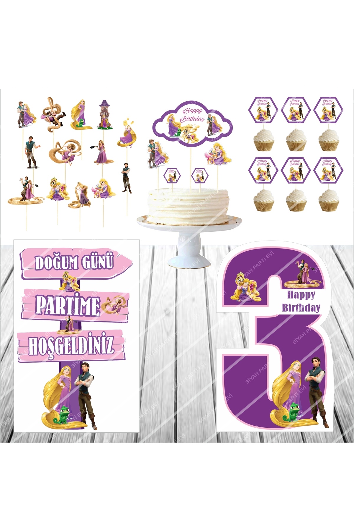 Rapunzel Doğum Günü Masa Panosu / Pasta Süsü Seti 3 Yaş