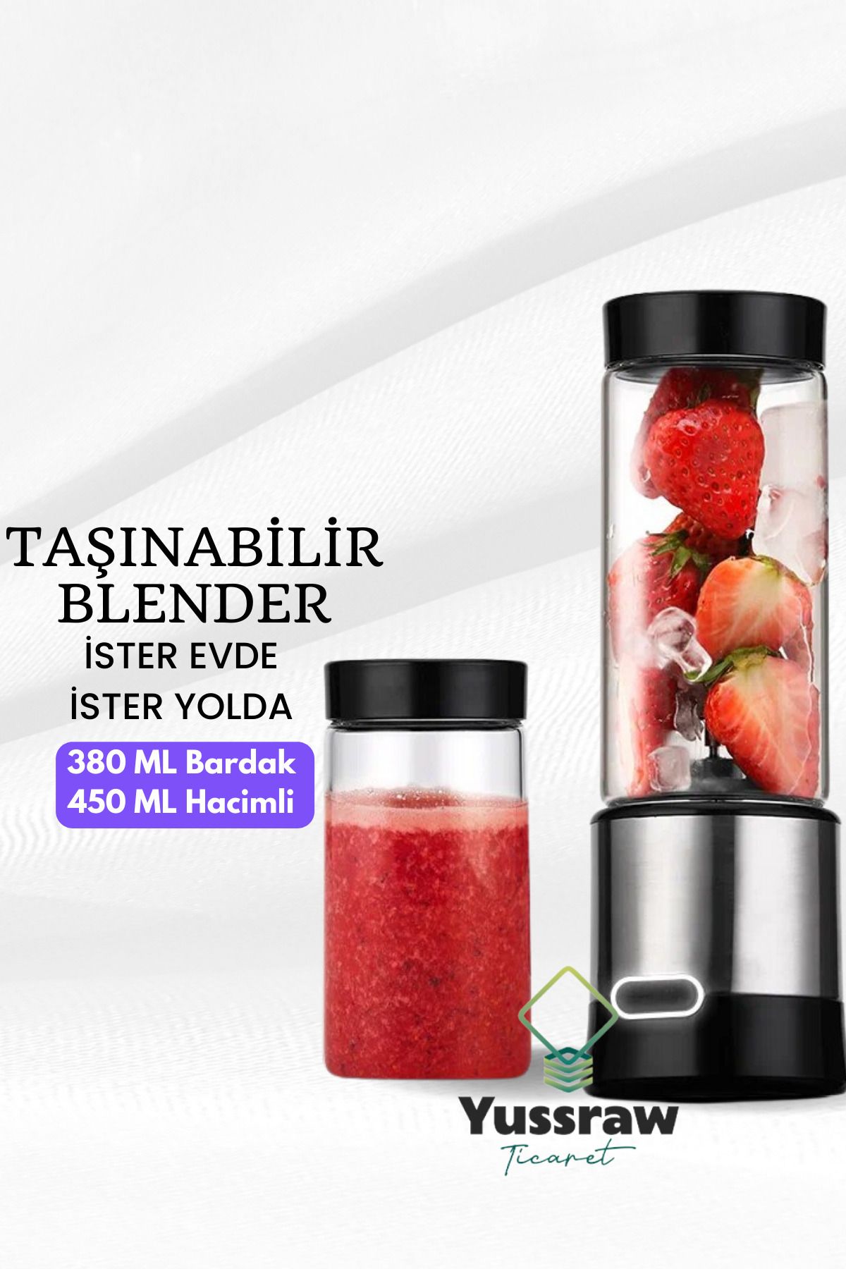 Yussraw-Portable Rechargeable Personal Blender with Blade Ice Crusher with 450 ml + 350 ml glass 5