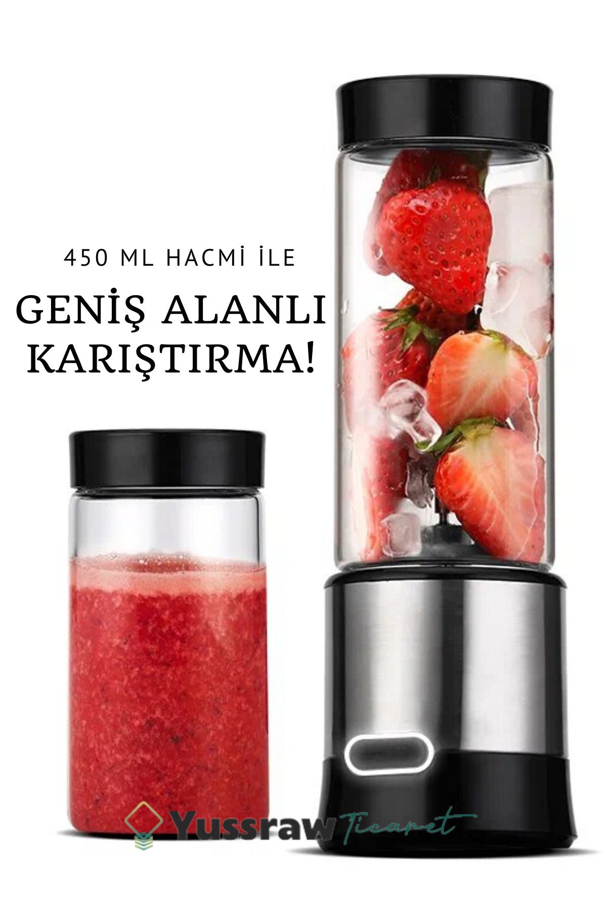 Yussraw-Portable Rechargeable Personal Blender with Blade Ice Crusher with 450 ml + 350 ml glass 8
