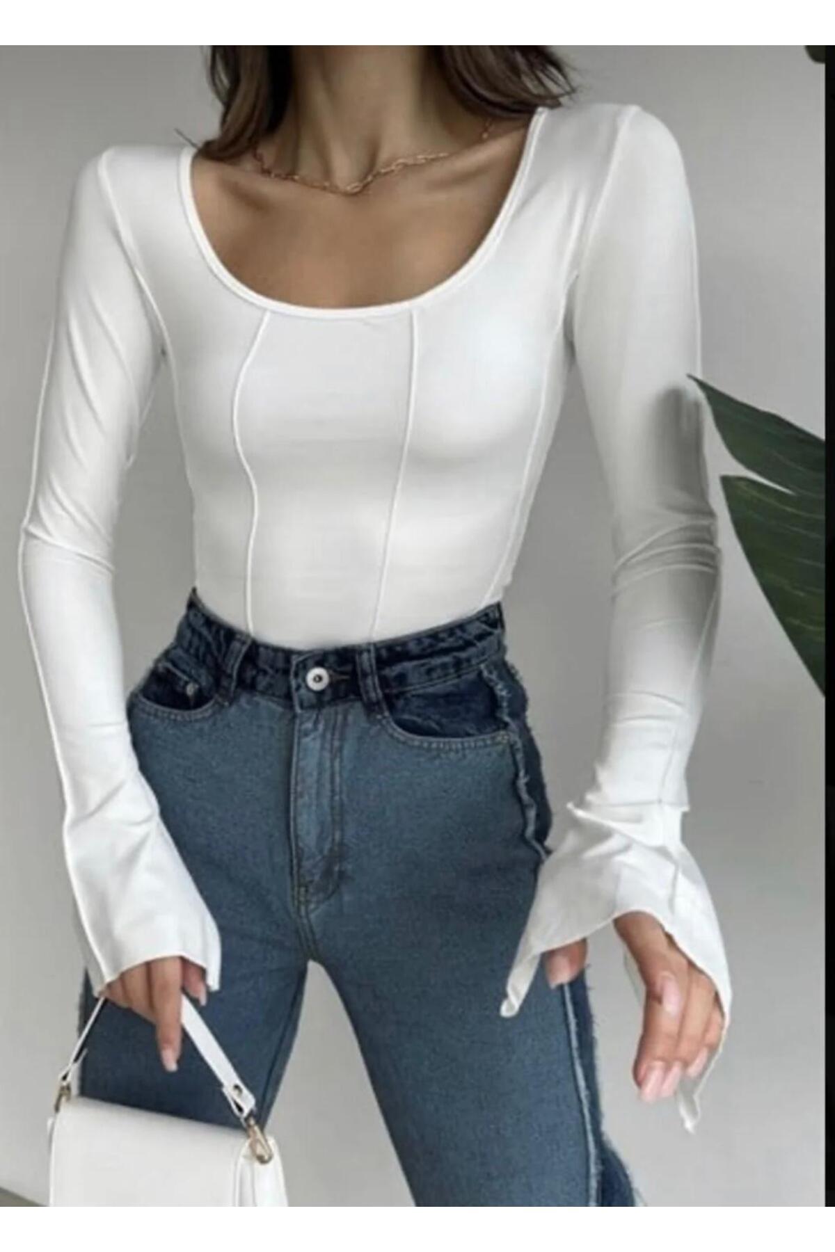 LULU LOOK-Kurz geschnittene Bluse mit langen Ärmeln, quadratischem Ausschnitt und Volant-Rücken 5