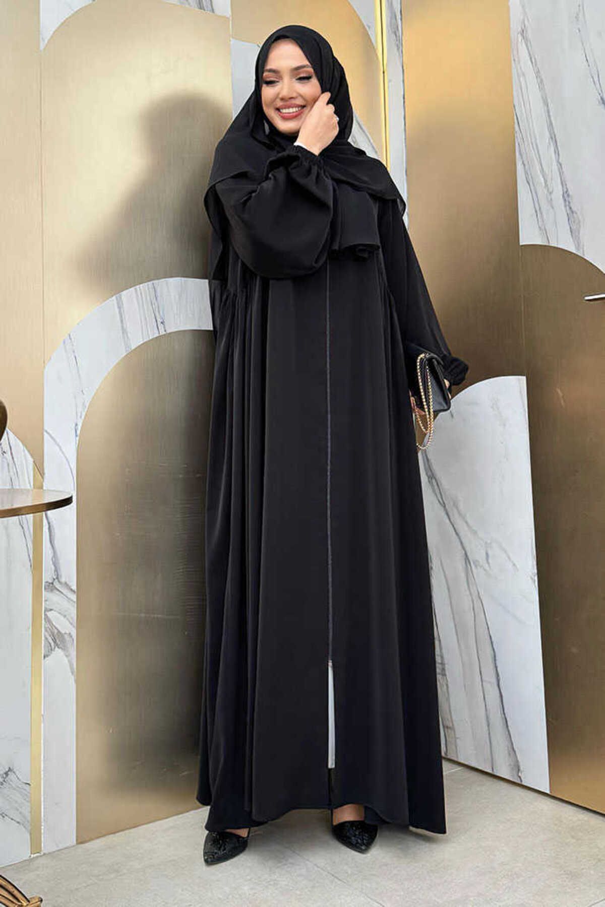 Bym Fashion-Oval Gathered Sleeve Cuffs Elastic Zip Full Size Ferace Bym5 Black 3