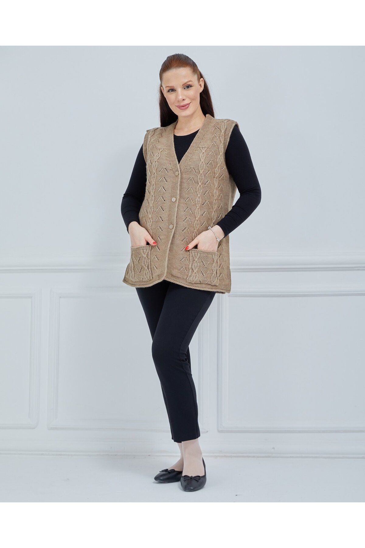 Fresh&Moda-Vestă tricotată de buzunar din lână cu lanț cu decolteu în V pentru femei 6