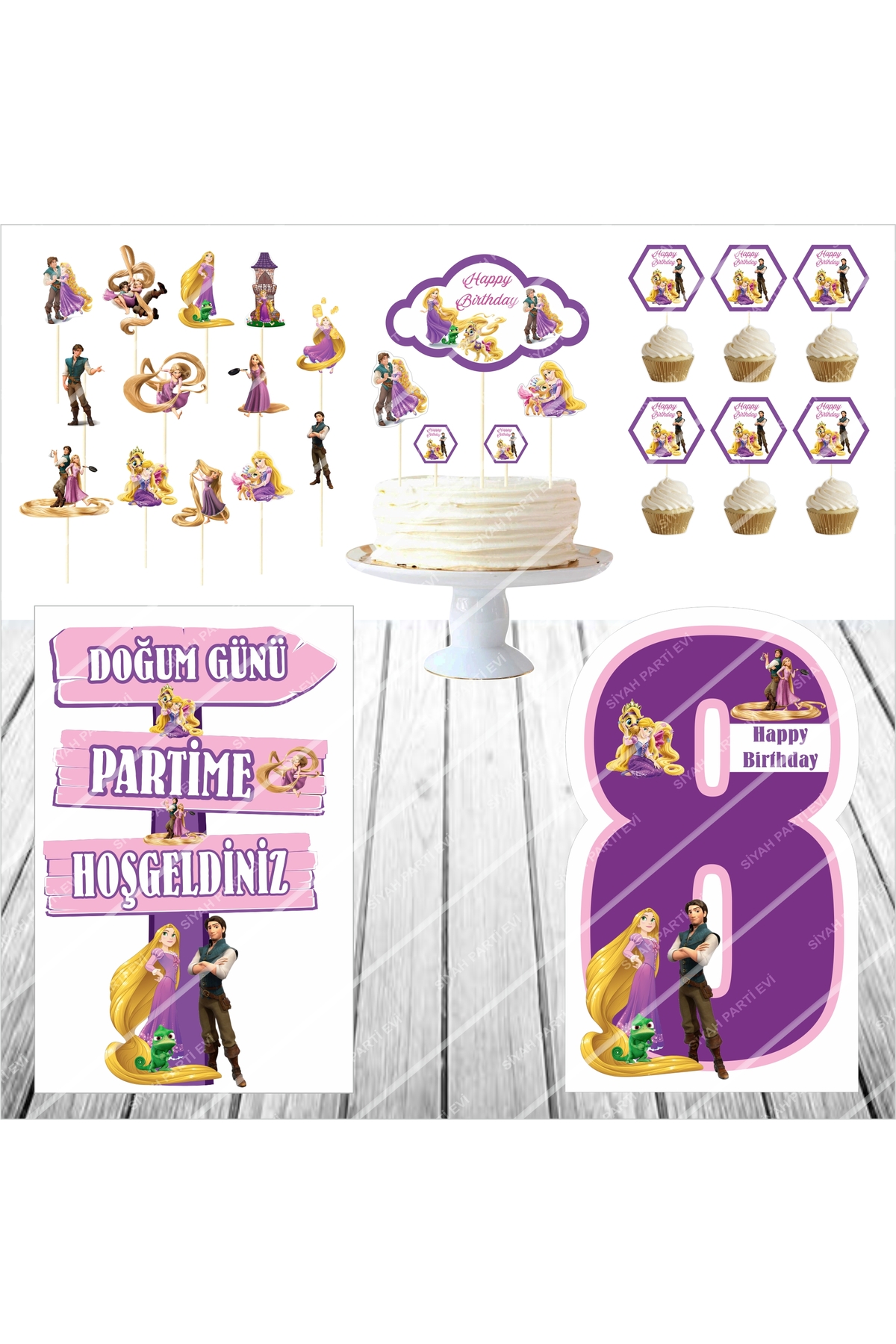 Rapunzel Doğum Günü Masa Panosu / Pasta Süsü Seti 8 Yaş