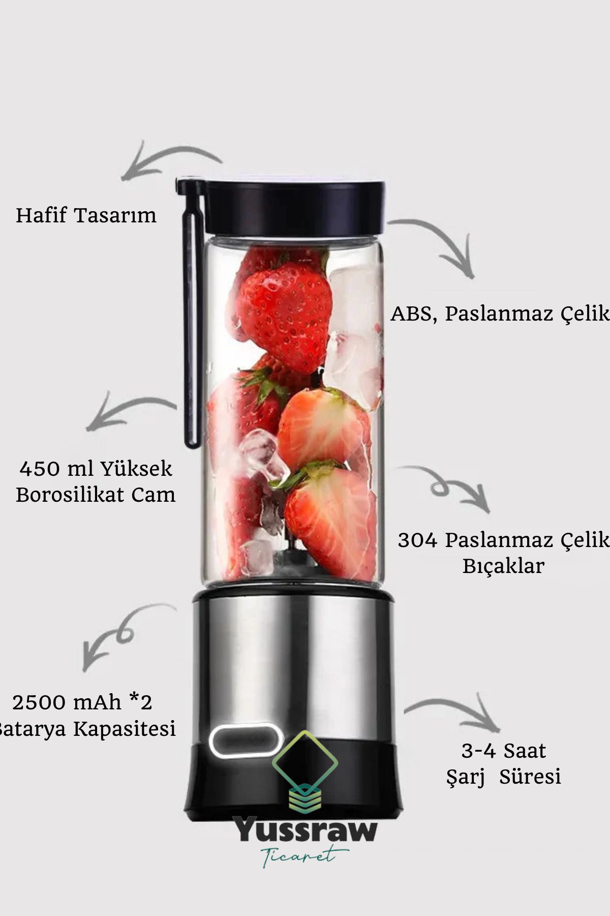 Yussraw-Portable Rechargeable Personal Blender with Blade Ice Crusher with 450 ml + 350 ml glass 7