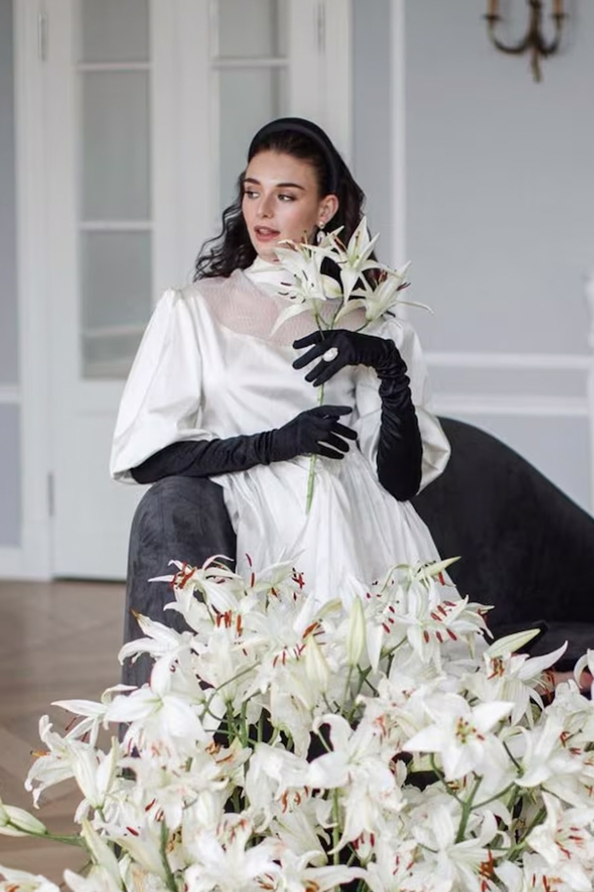 Limelia  Uzun Saten Şık Gelin Eldiveni Zarif Beyaz Gelin Nikah Eldiveni Opera Eldiveni Siyah - Görsel 3