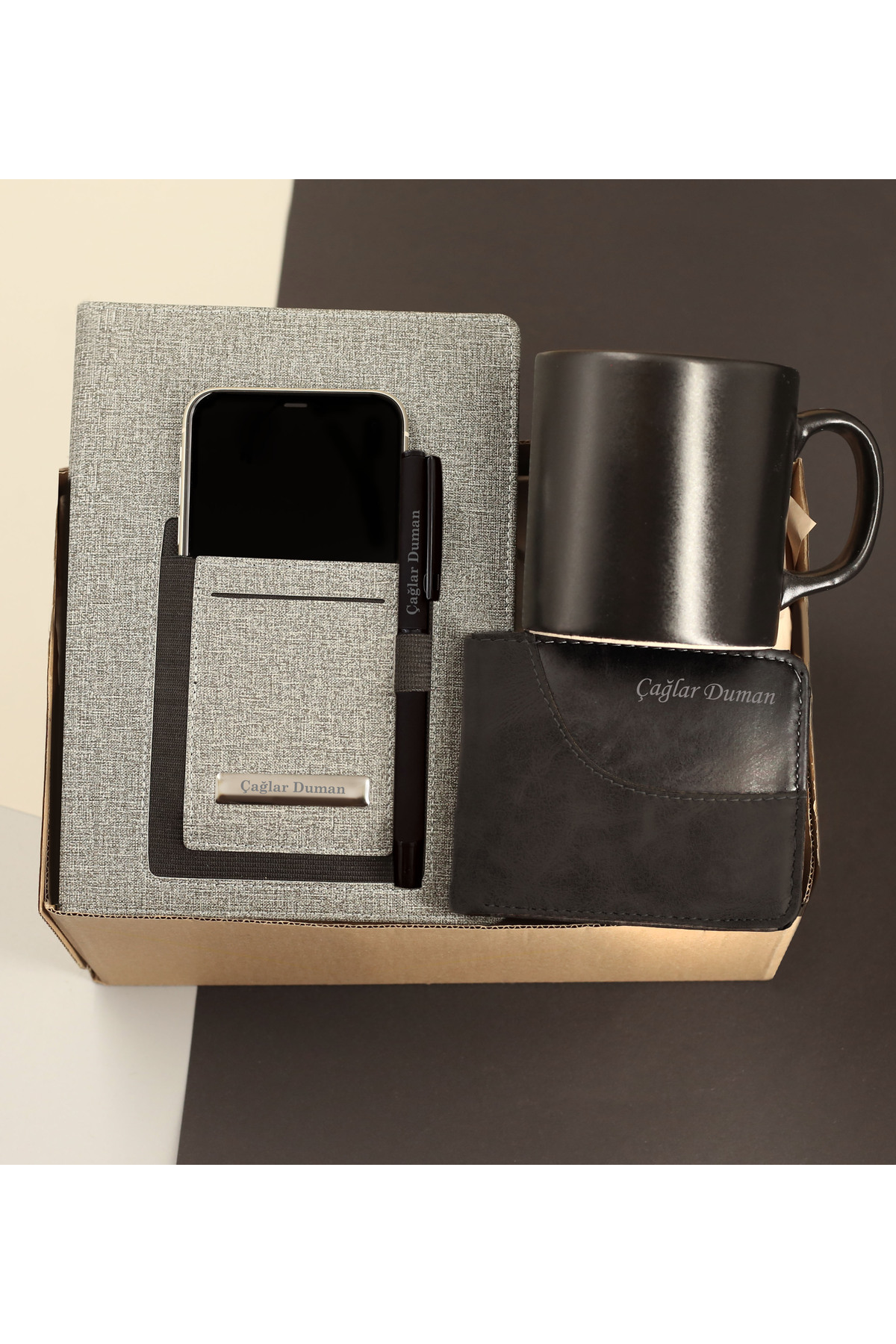 Personalized Notebook & Black Rollerball Pen & Personalized Men's Wallet & Mug Gift Set