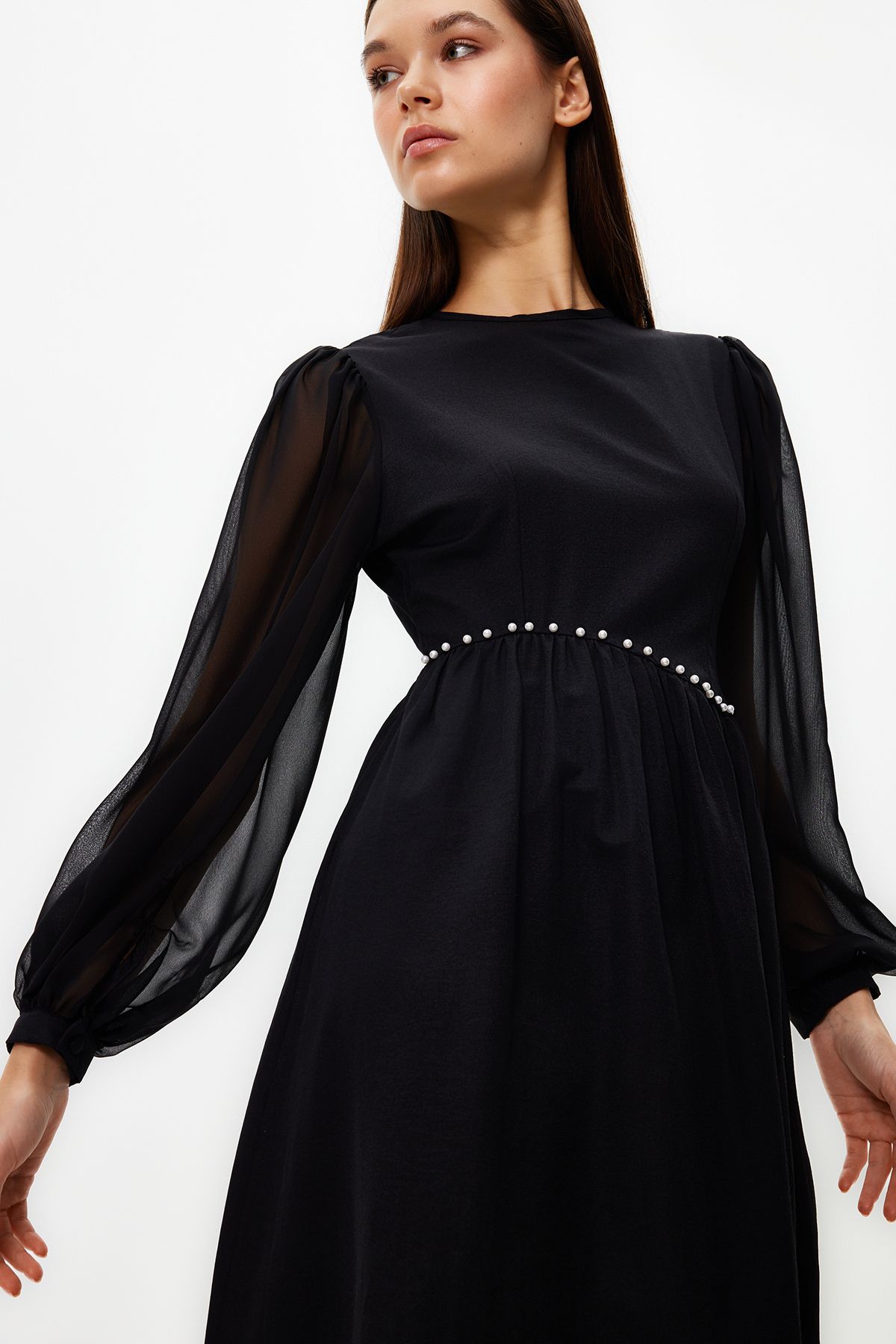 Trendyol Modest-Black Sleeves Chiffon Waist Pearl Detailed Evening Dress TCTSS24DB00005 2