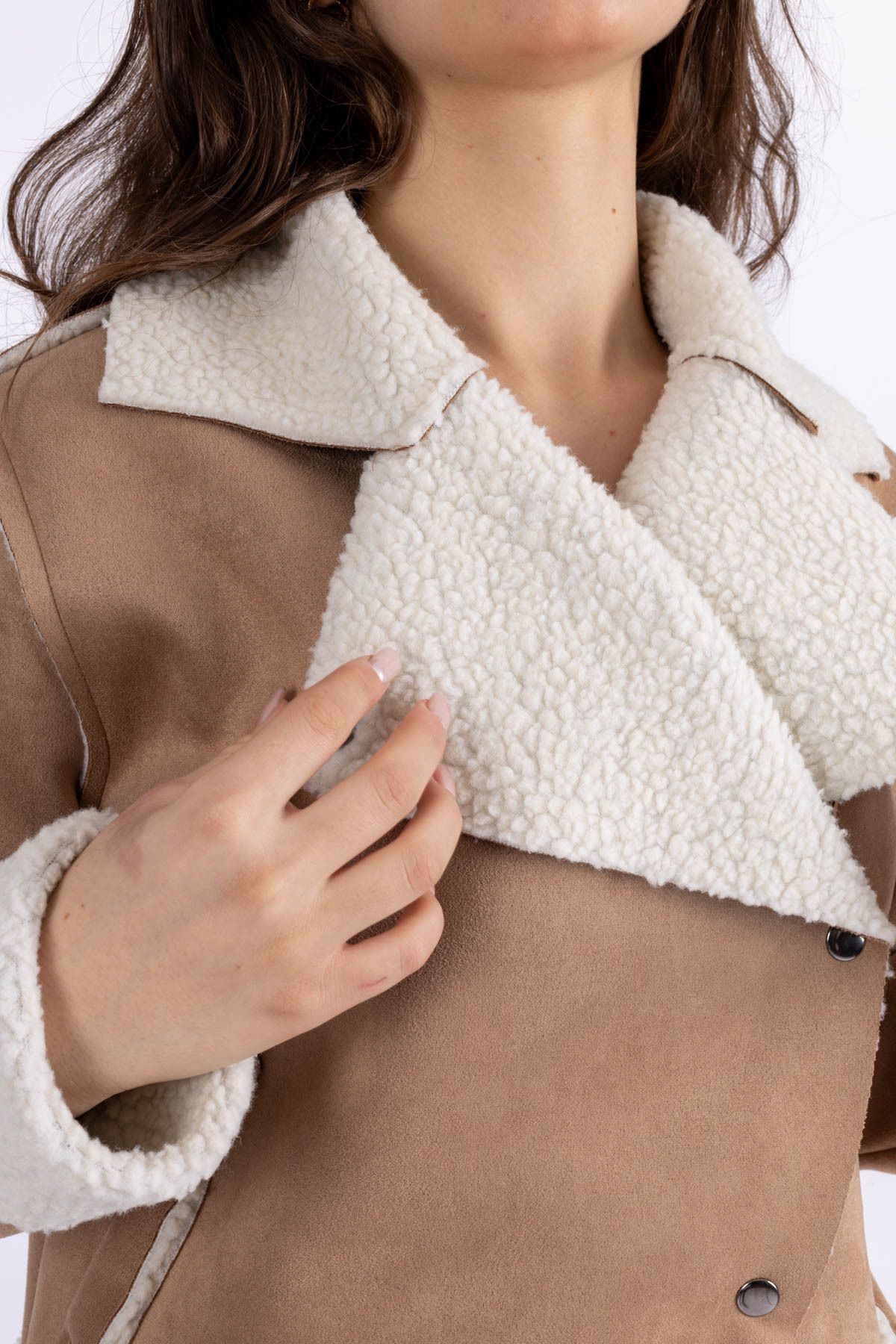 FV-Double Breasted Collar Plush Women's Coat with Snap Buttons Fur Coat Black-White, Tan-White 6