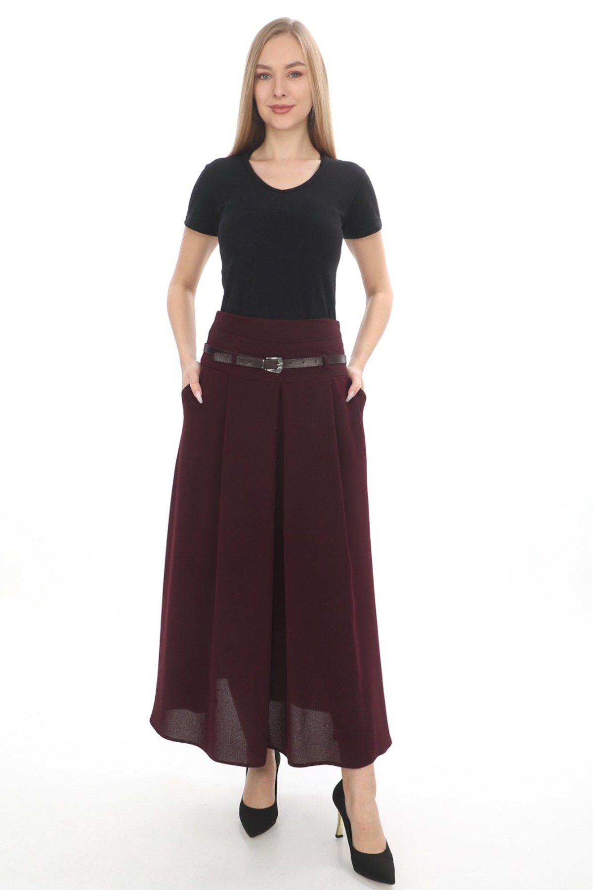 WOMEN 'S BAHARLIK95 CM LONG SKIRT 755 ETAMİN PATTERN DAMSON COLOR