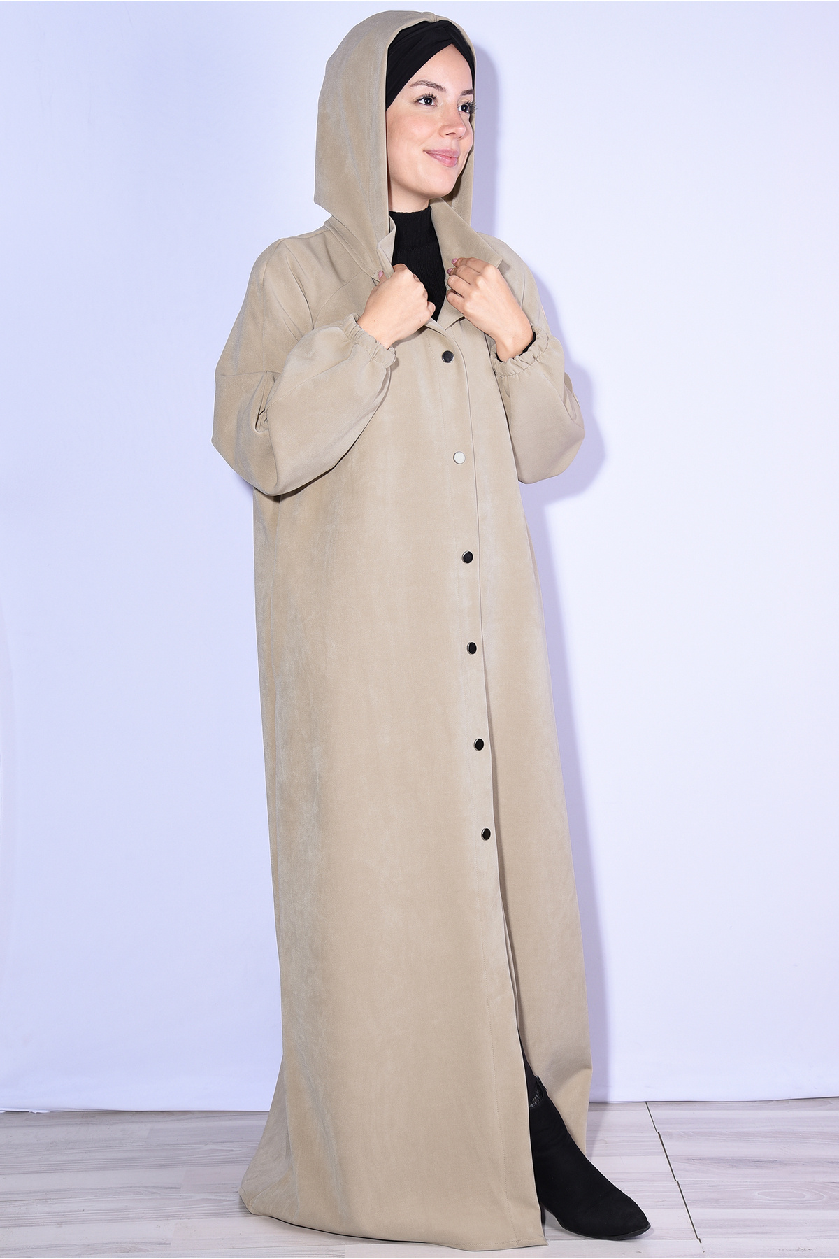 Nowa Scarf  Çıtçıtlı Dik Yaka Şapkası Düğmeli Pardesü Kaban Bej - Görsel 3