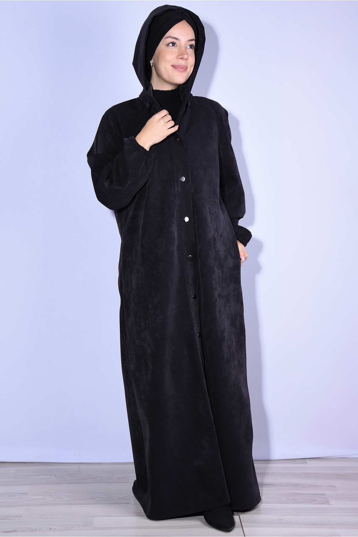 Nowa Scarf  Siyah Modal Kumaş Şapkası Düğmeli Cepli Pardesü Kaban - Görsel 3