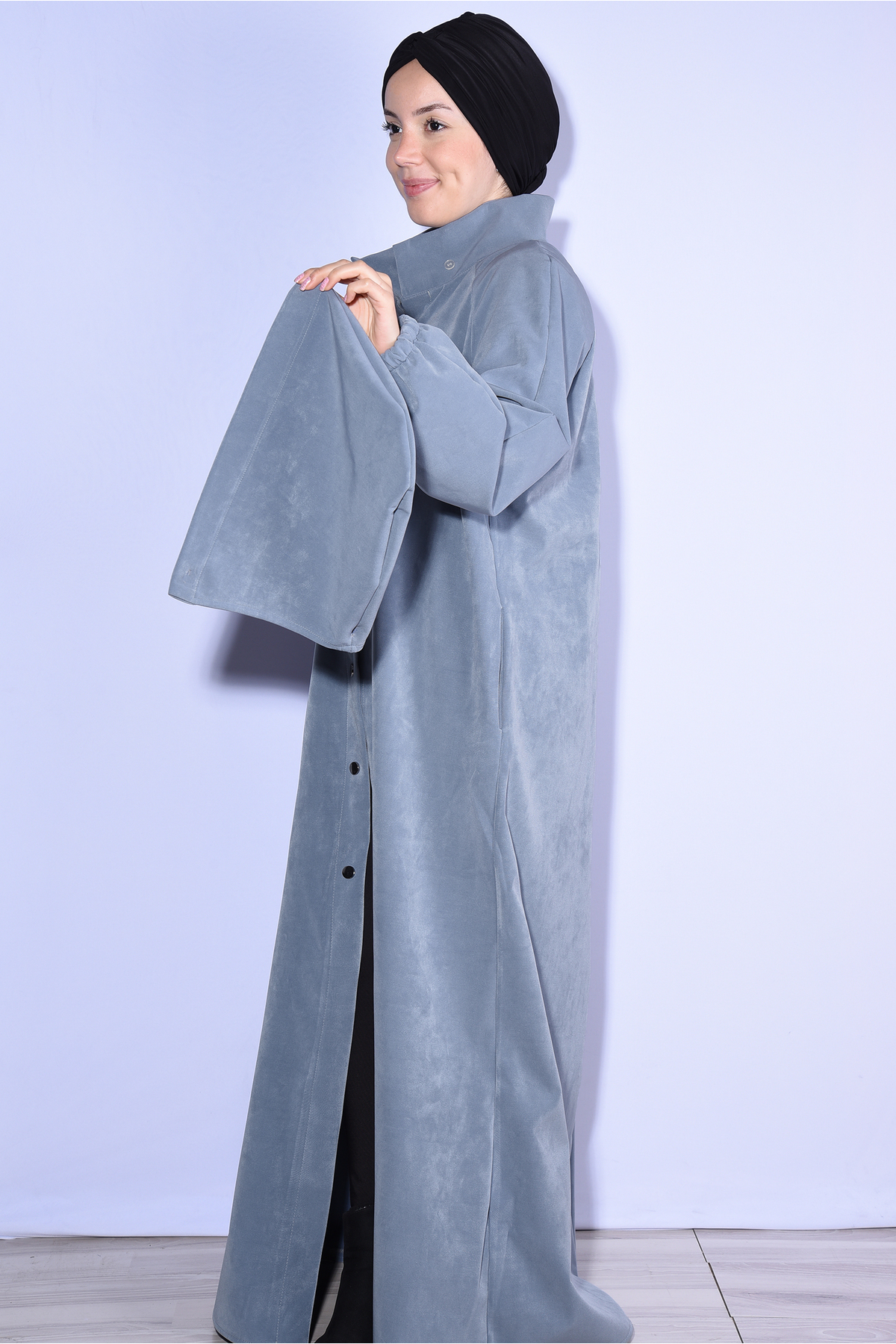 Nowa Scarf  Modal Kumaş Şapkası Düğmeli Cepli Pardesü Kaban Kot Mavisi - Görsel 5