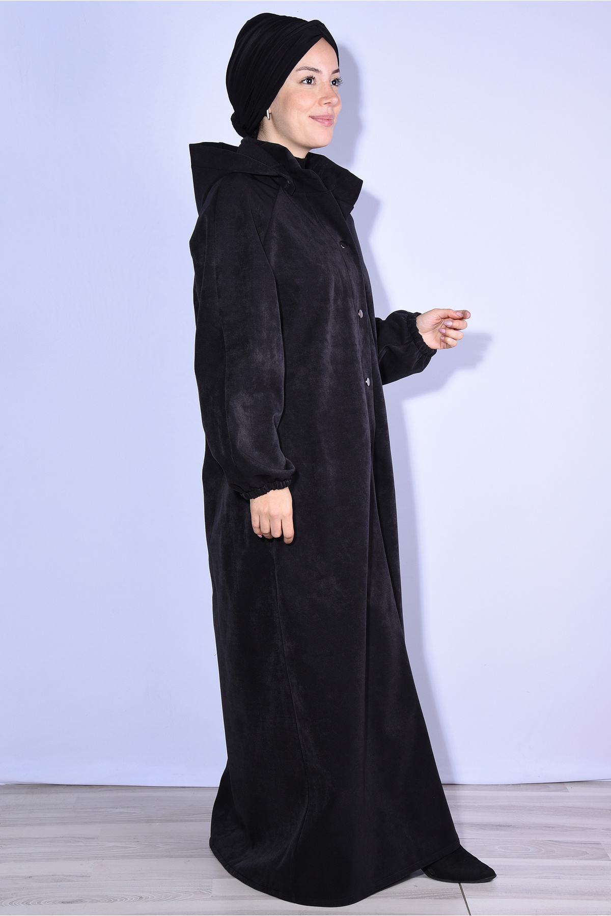 Nowa Scarf  Siyah Modal Kumaş Şapkası Düğmeli Cepli Pardesü Kaban - Görsel 2