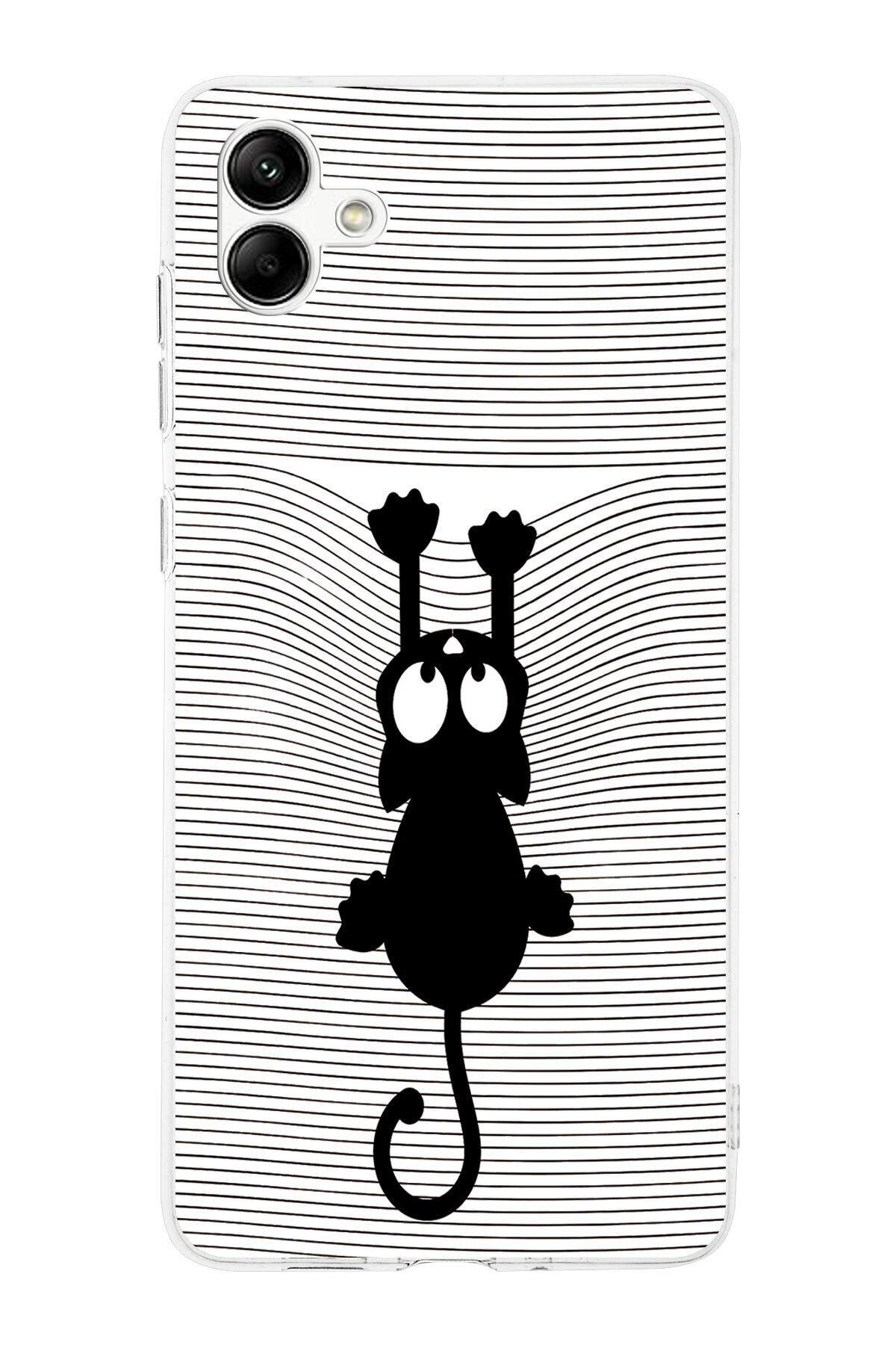 Samsung Galaxy A05 Kamera Korumalı Kapak Çizgi Kedi (beyaz) Tasarımlı Şeffaf Kılıf