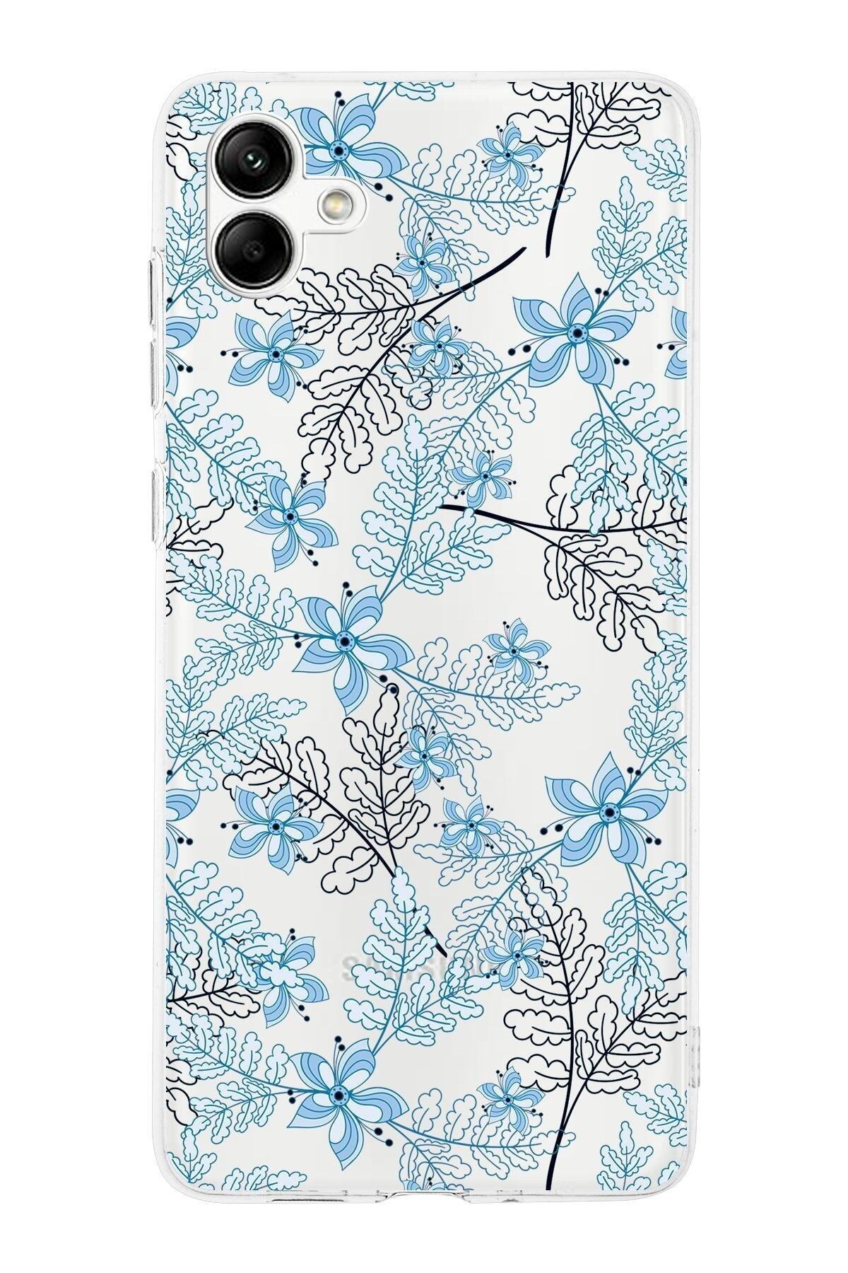 Samsung Galaxy A05 Kamera Korumalı Kapak Floral Mavi Tasarımlı Şeffaf Kılıf