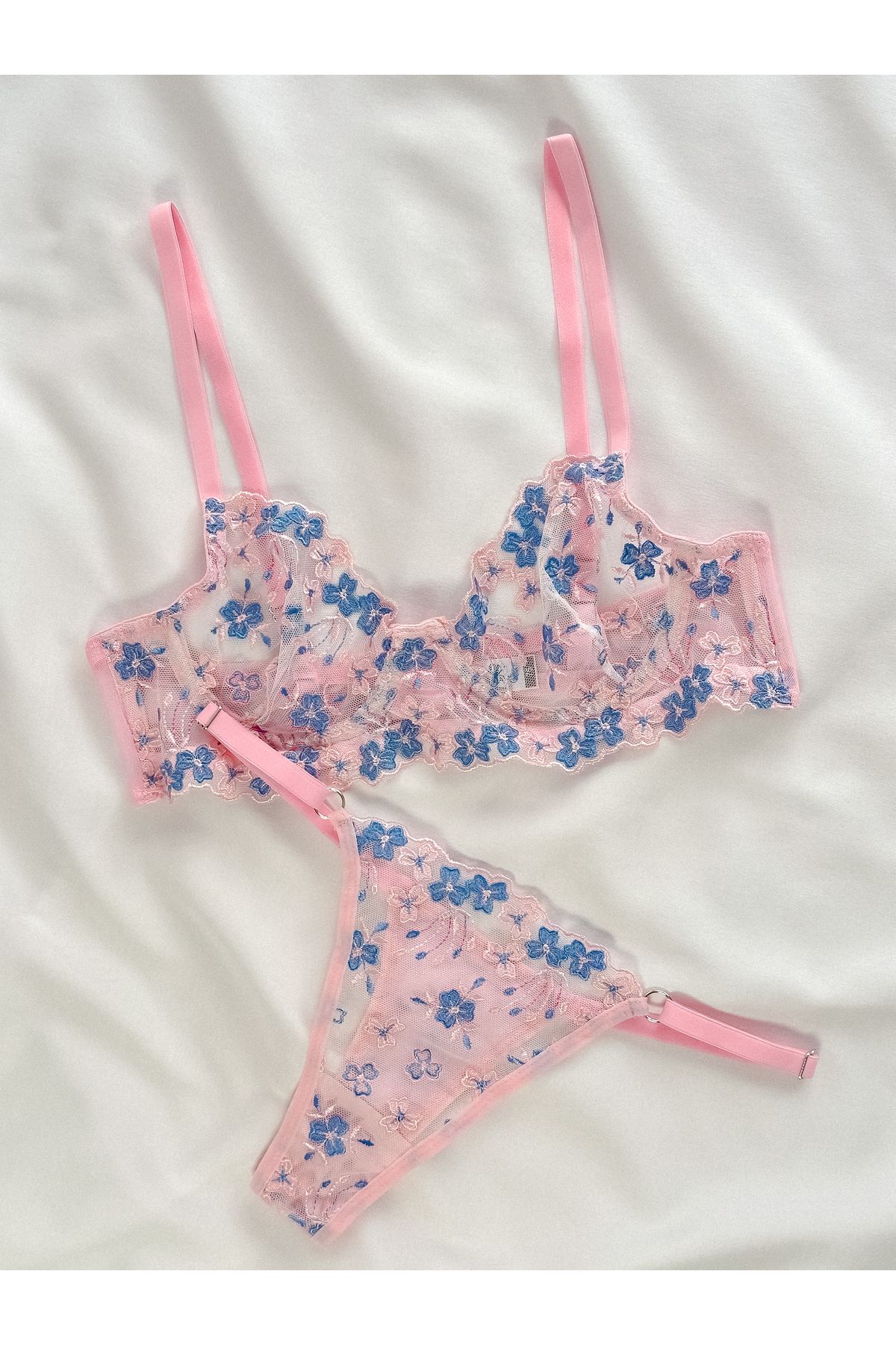 Arinda-Set de lenjerie intima cu sârmă Azalea, fără cupă, cu broderie florală, roz albastru 5