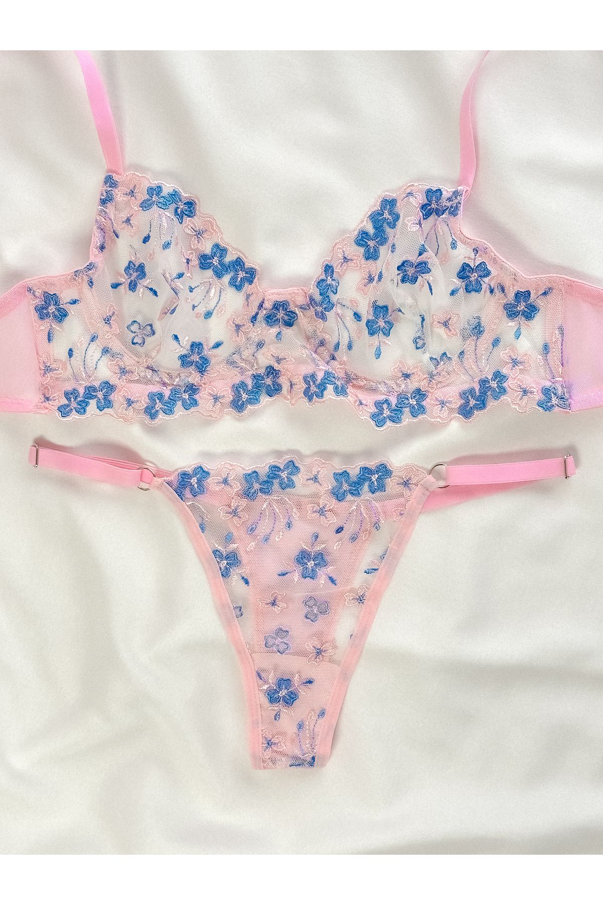 Arinda-Set de lenjerie intima cu sârmă Azalea, fără cupă, cu broderie florală, roz albastru 6