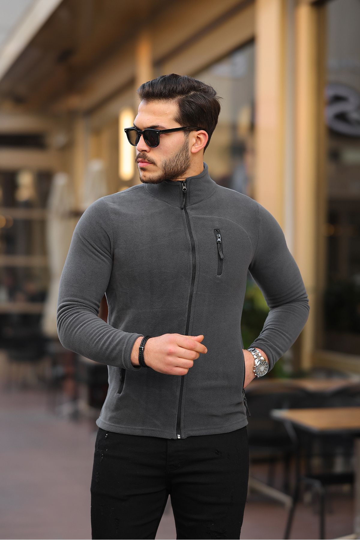 Kozik-Anthrazitfarbene Softshell-Herren-Fleece-Standardform mit durchgehendem Reißverschluss und 3 Taschen. Herren-Fleece-Cardigan 5