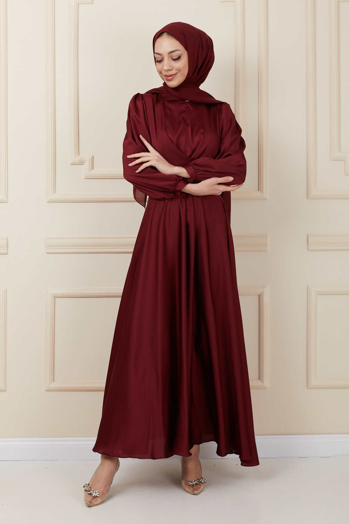 majButik Burgundy Tie Detailed Satin Hijab Evening Dress Trendyol