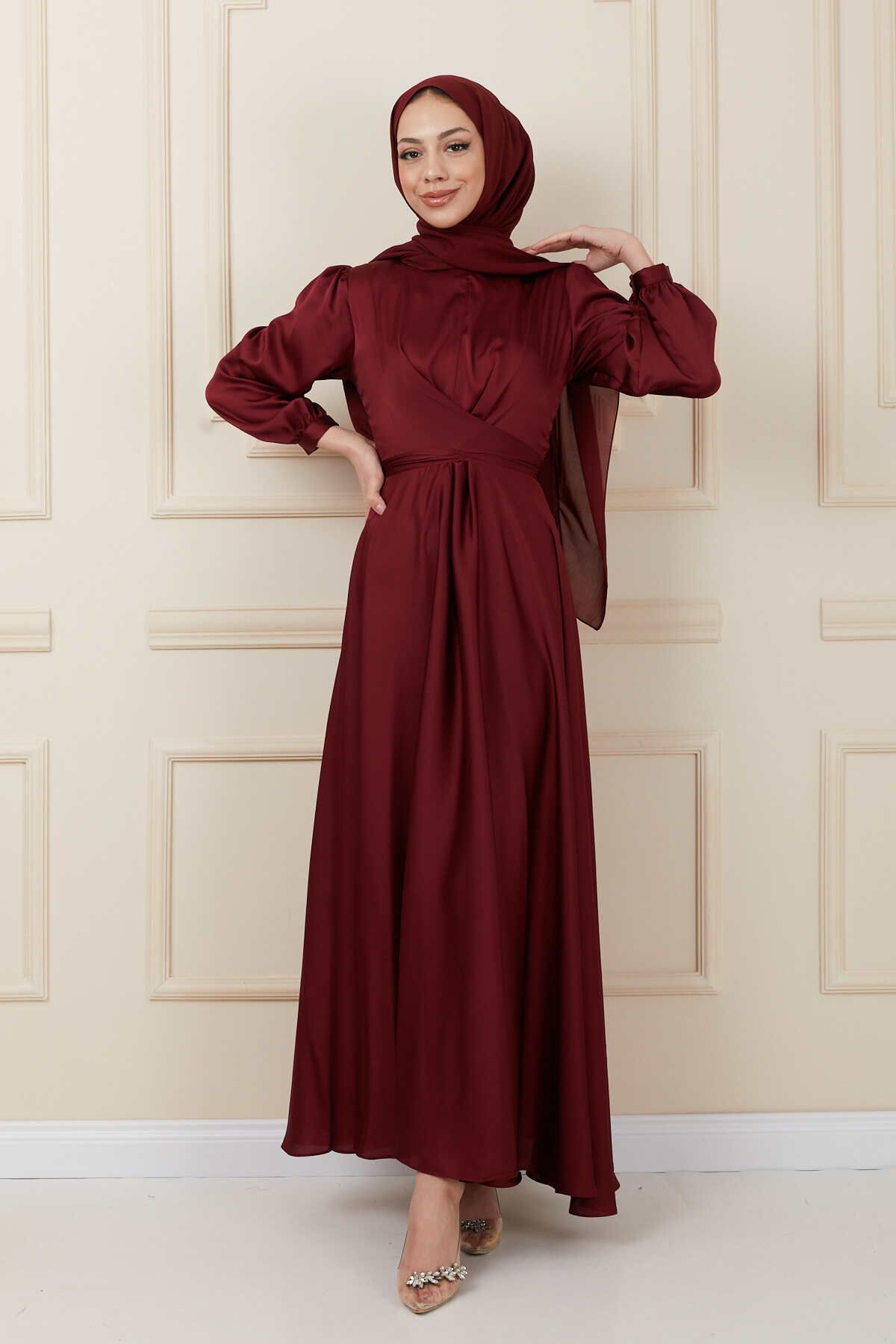 majButik Burgundy Tie Detailed Satin Hijab Evening Dress Trendyol