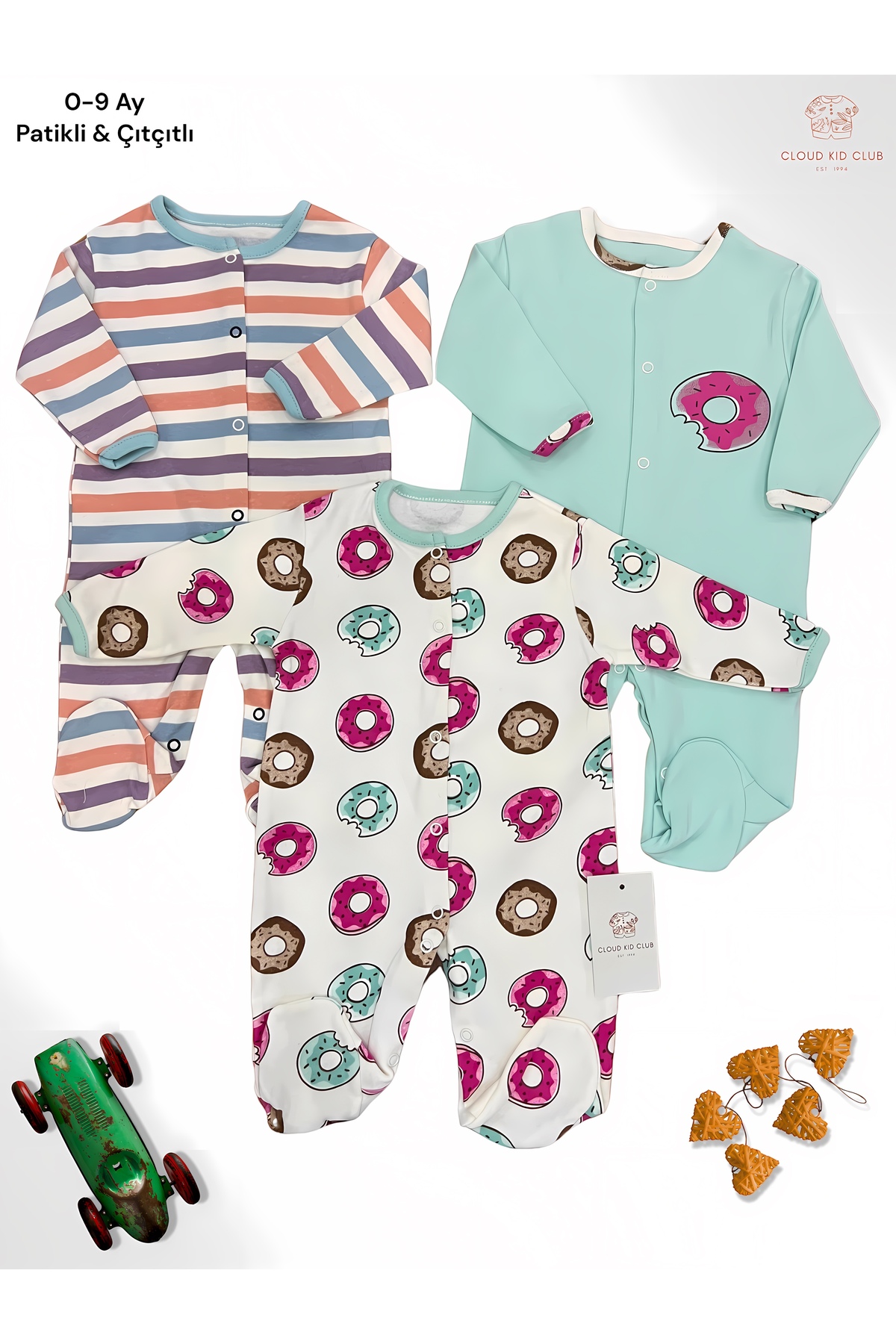 cloudkidclub Tatlı Donat %100 Doğal Pamuk 3'lü Bebek Tulum 0-18 Ay (UNİSEX) fotoğrafı 2 (önizleme)