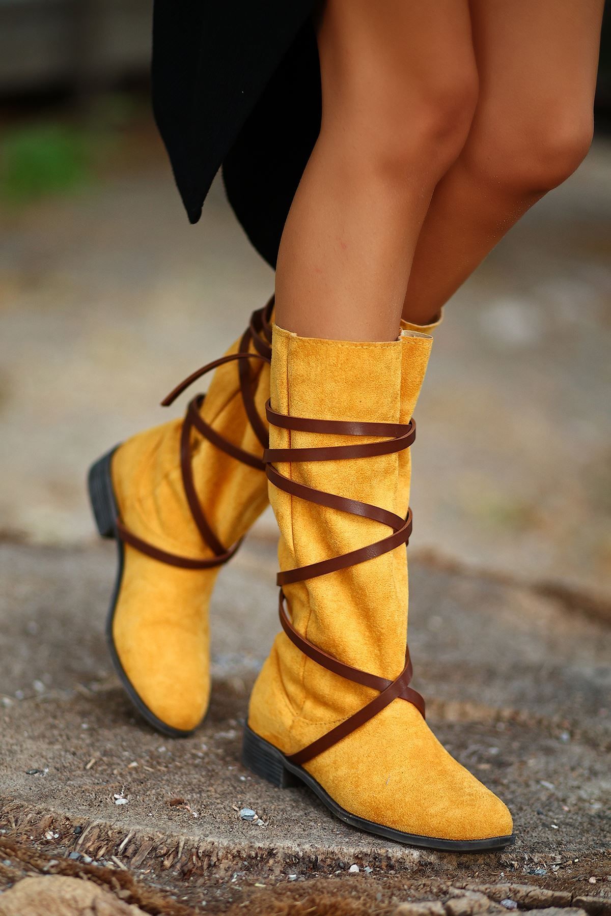 LEYD SHOES Knee High Boots Yellow Flat Trendyol
