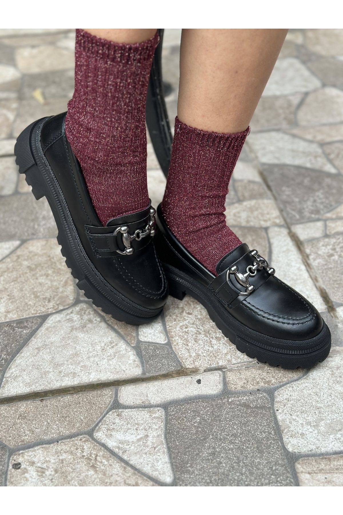 Black loafers with silver online buckle