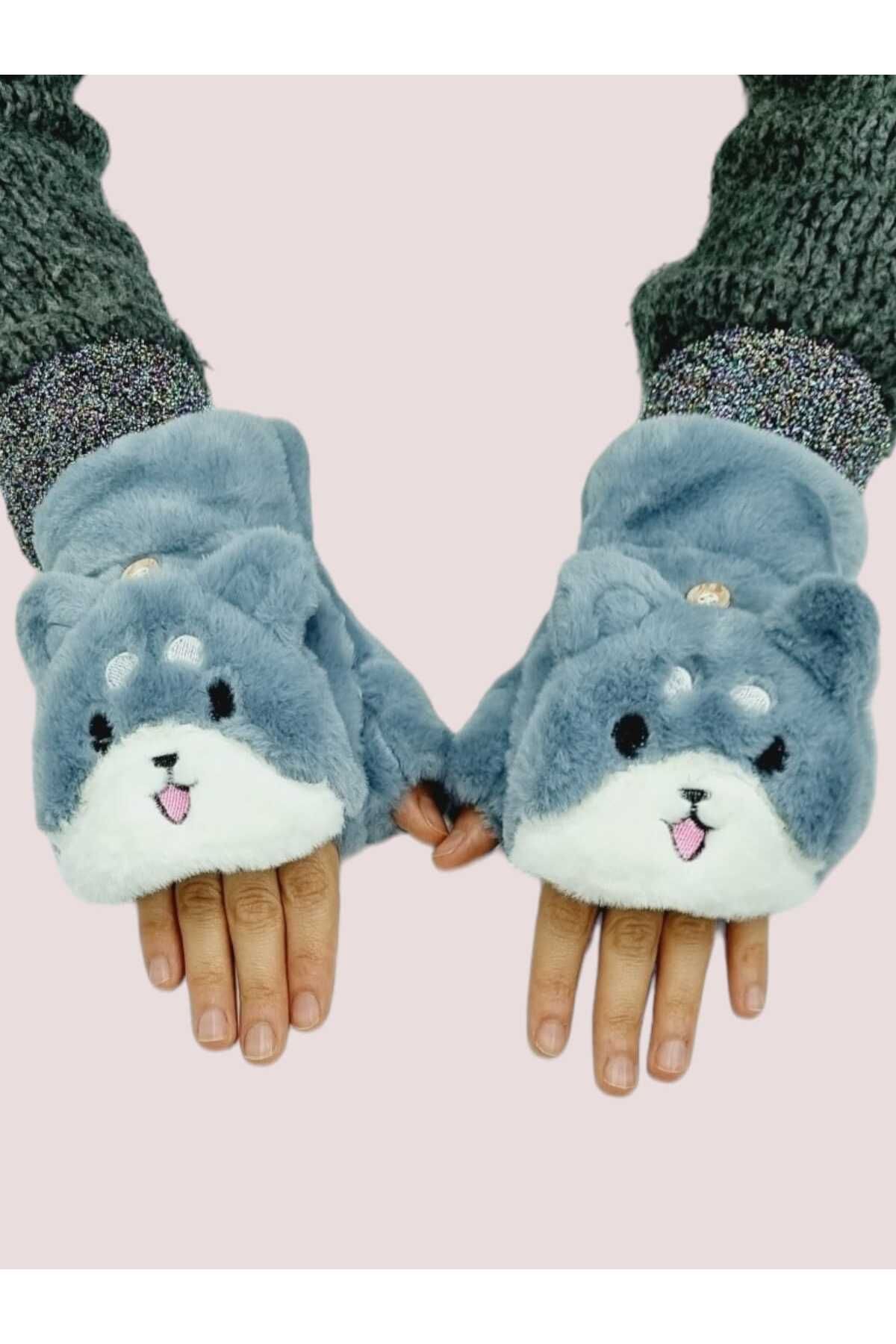 Uniquerrs Children s Cat Patterned Half Finger Covered Winter Plush Gloves