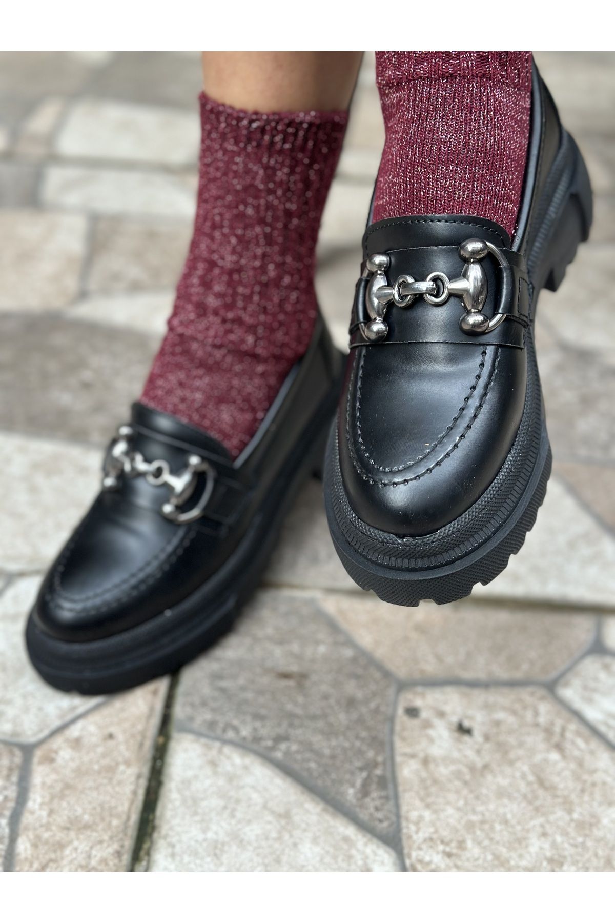 CANALLEN Women s Black Thick Sole Silver Buckle Loafer Shoes