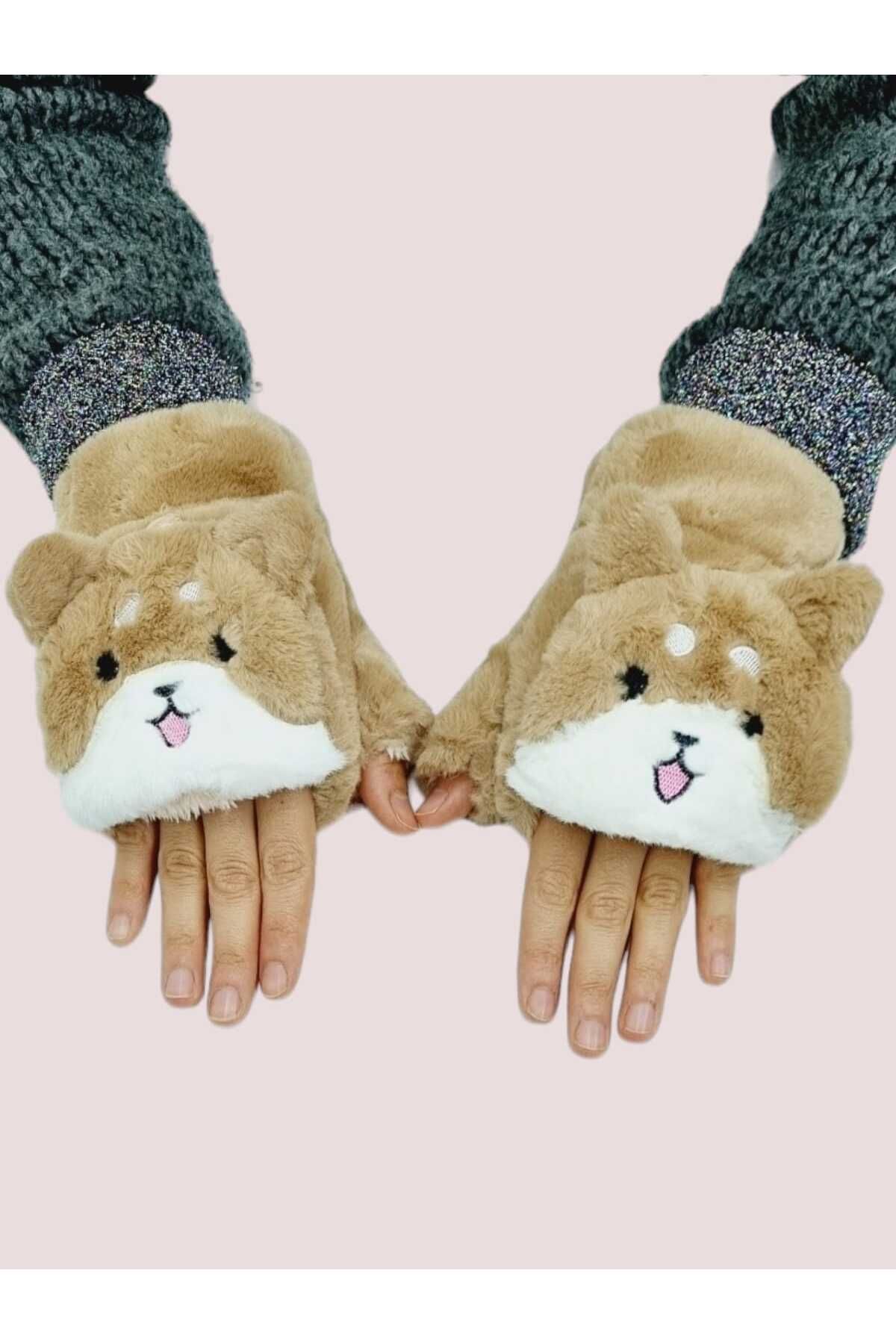Tezzgelsin Children s Cat Patterned Half Finger Covered Winter Plush Gloves