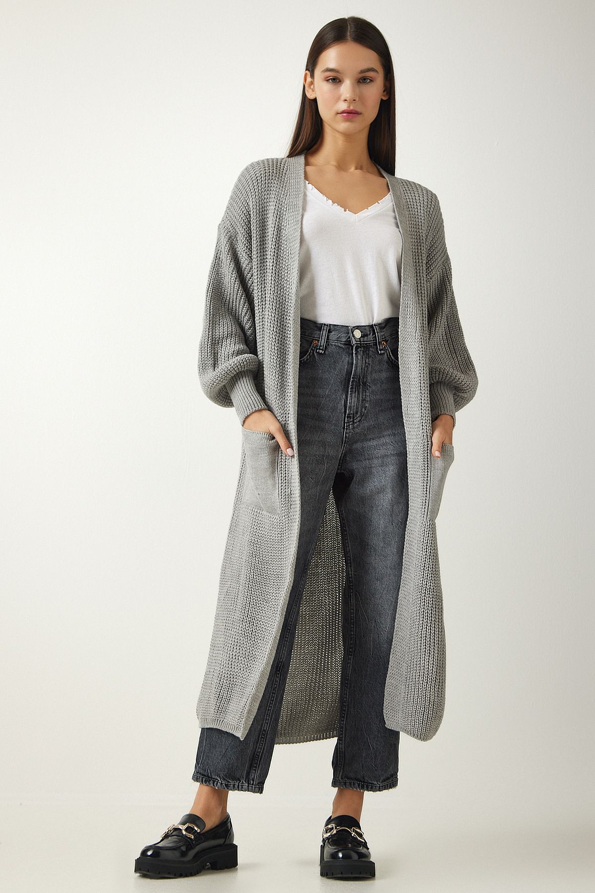 Happiness stanbul Women s Gray Balloon Sleeve Long Knitwear