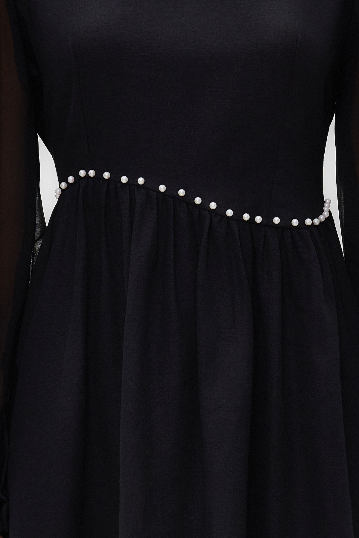 Trendyol Modest-Black Sleeves Chiffon Waist Pearl Detailed Evening Dress TCTSS24DB00005 5