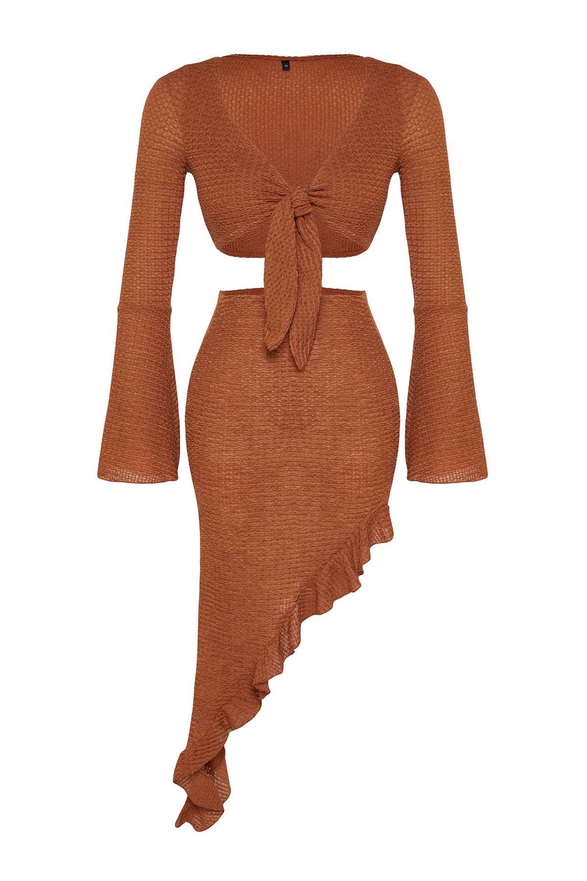 Trendyol Collection-Barna szőtt fodros blúz és strandszoknya szett - TBESS23AU00040 6